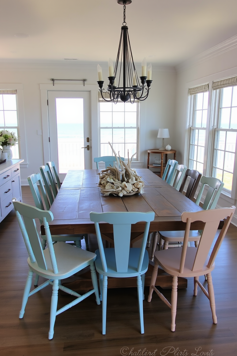 A coastal dining room featuring a light linen tablecloth draped elegantly over a rustic wooden table. Surrounding the table are mismatched chairs in soft pastel colors, creating a relaxed and inviting atmosphere.