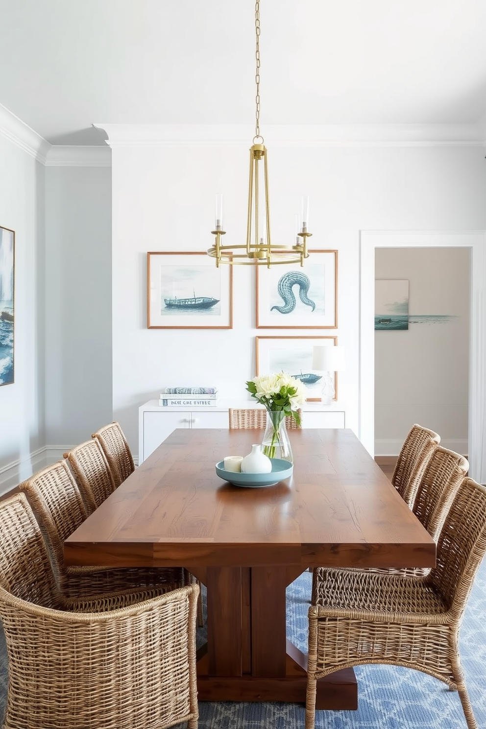 A coastal dining room featuring sea-inspired artwork on the walls. The space is adorned with a large wooden dining table surrounded by woven chairs, creating a relaxed yet elegant atmosphere.