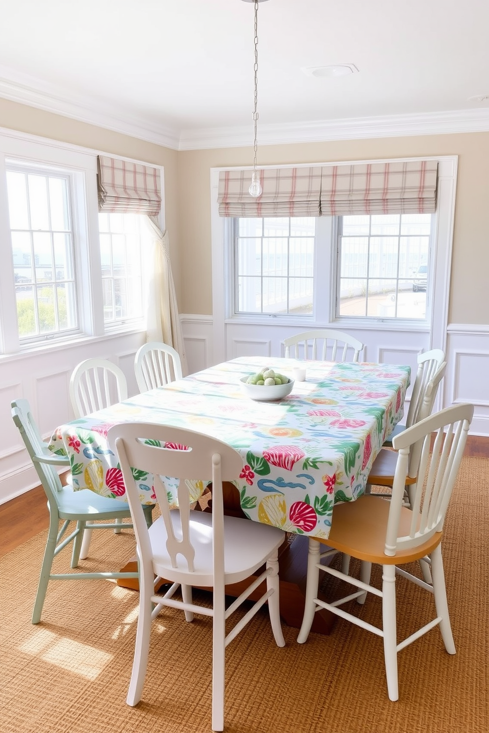 A bright coastal dining room featuring a large wooden table covered with a vibrant coastal patterned tablecloth. Surrounding the table are mismatched chairs in soft pastel hues, creating a relaxed and inviting atmosphere. The walls are painted in a light sandy beige, complemented by white wainscoting that adds texture. Natural light floods the room through large windows adorned with sheer linen curtains, enhancing the airy seaside vibe.