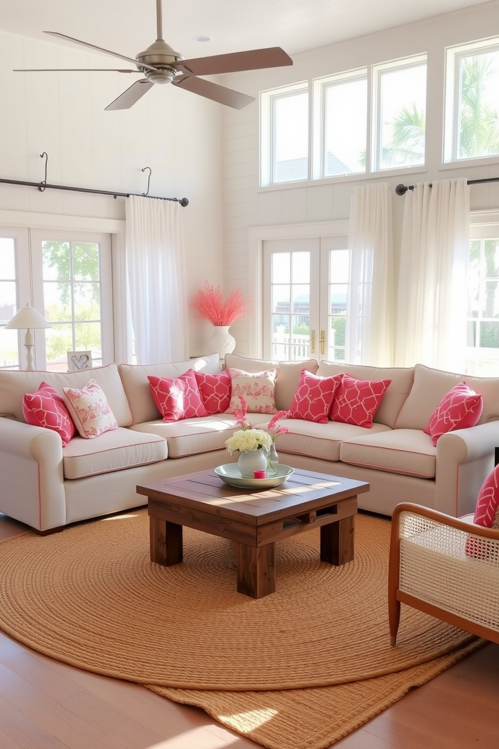 A coastal living room featuring lightweight sheer curtains that gently billow with the ocean breeze. The space is adorned with a soft color palette of blues and whites, complemented by natural wooden furniture and nautical accents.