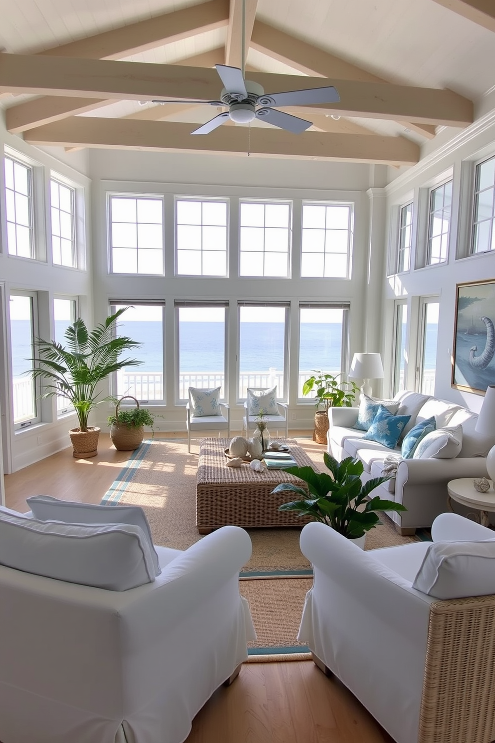 A coastal living room filled with natural light from large windows that overlook a serene ocean view. The space features soft blue and white color palettes with comfortable, slipcovered furniture and woven textures. A large area rug anchors the seating arrangement, while potted plants add a touch of greenery. Decorative elements include seashell accents and nautical-inspired artwork that enhance the coastal theme.