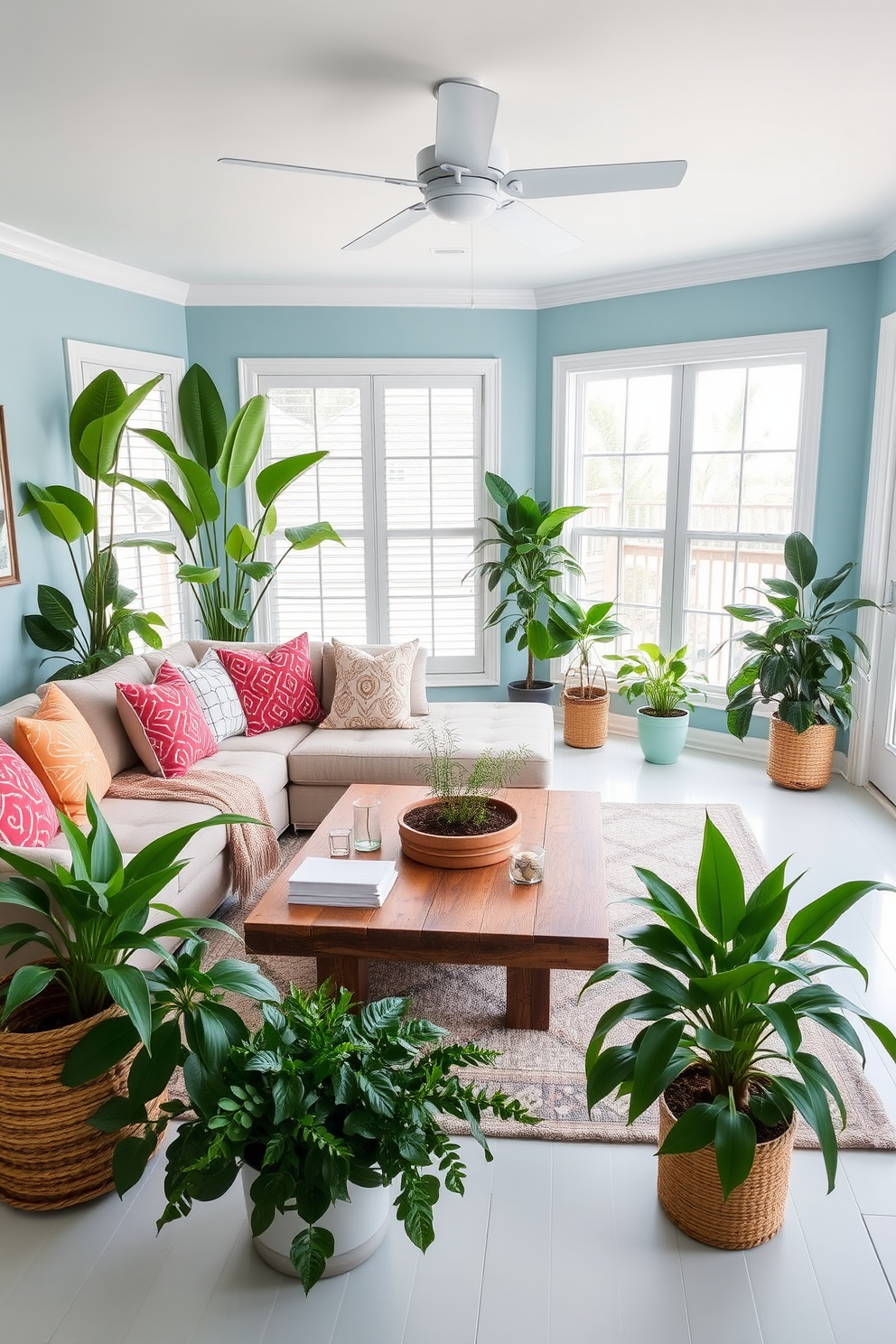 A bright coastal living room filled with indoor plants. The space features a light blue color palette, with a comfortable sectional sofa adorned with vibrant throw pillows and a large coffee table made of reclaimed wood. Lush green plants are strategically placed around the room, adding a fresh and inviting atmosphere. Large windows allow natural light to flood the space, enhancing the airy and relaxed coastal vibe.