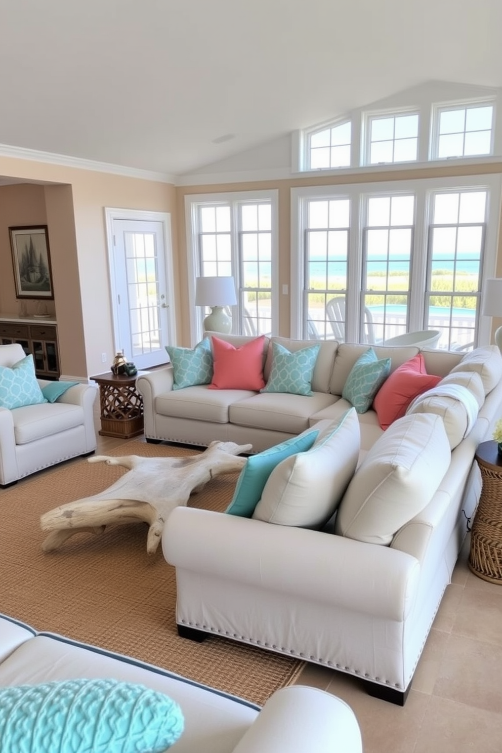 A coastal living room features soft beige walls and large windows that let in natural light. The furniture is upholstered in light blue and sandy beige fabrics, creating a relaxed and inviting atmosphere. A large, plush sectional sofa is adorned with throw pillows in varying shades of aqua and coral. A woven jute rug anchors the space, while a driftwood coffee table adds a rustic touch.