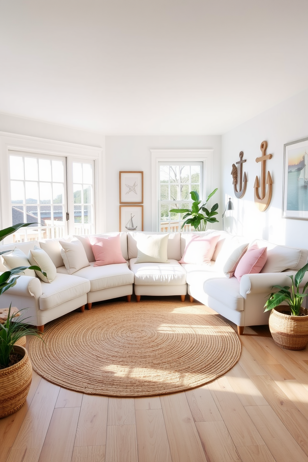 A cozy seating area features oversized cushions in soft pastel colors arranged on a large sectional sofa. Natural light floods the space through large windows, illuminating the light wood flooring and creating a warm, inviting atmosphere. The walls are painted in a soft white, complemented by nautical-themed artwork and decor. A large jute area rug anchors the seating arrangement, while potted plants add a touch of greenery to the coastal-inspired design.