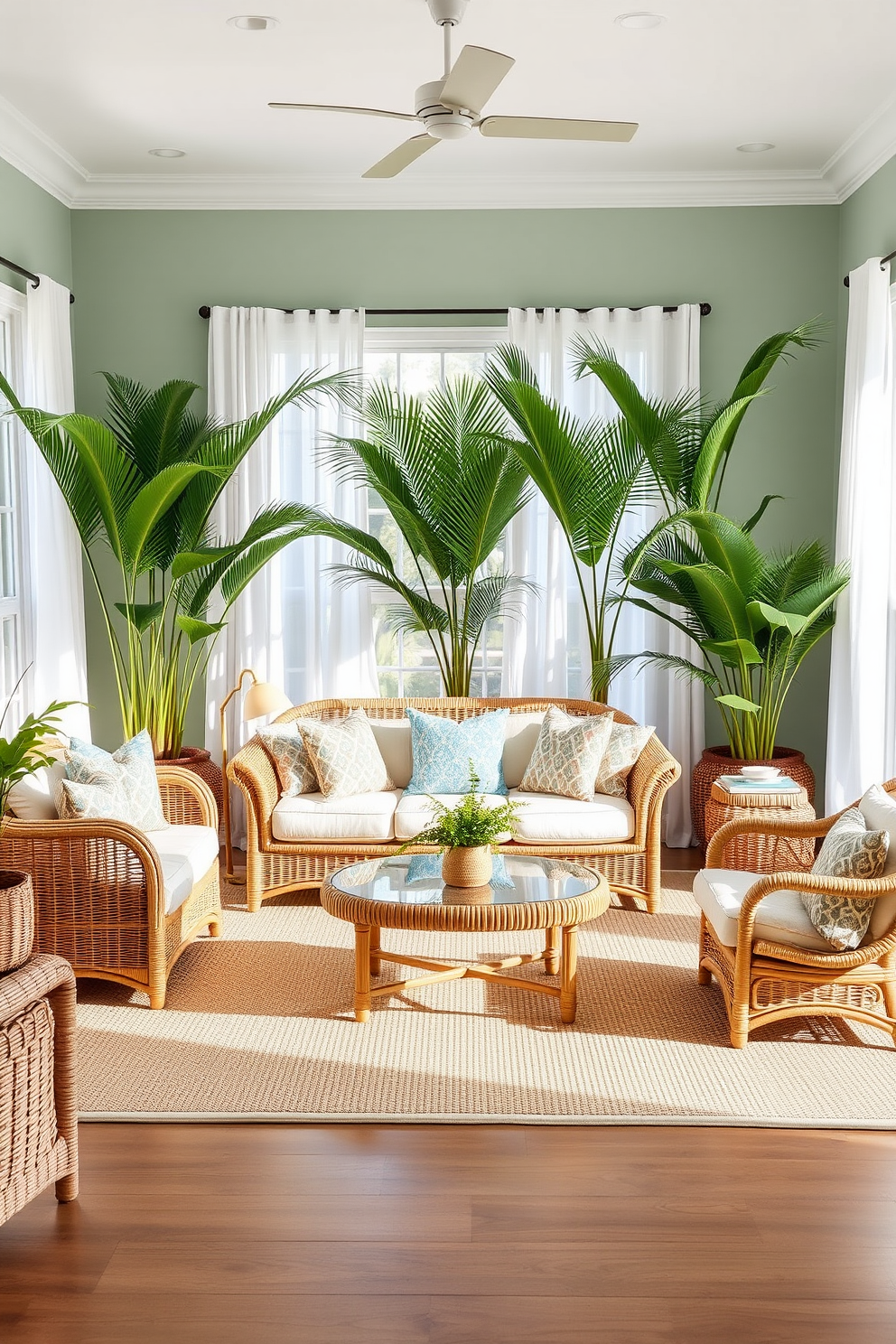 A bright coastal living room filled with rattan furniture creating a tropical vibe. The space features a large rattan sofa adorned with colorful cushions and a matching coffee table surrounded by potted palms. Natural light floods the room through large windows draped with sheer white curtains. The walls are painted in a soft seafoam green, complementing the sandy beige area rug that anchors the seating area.