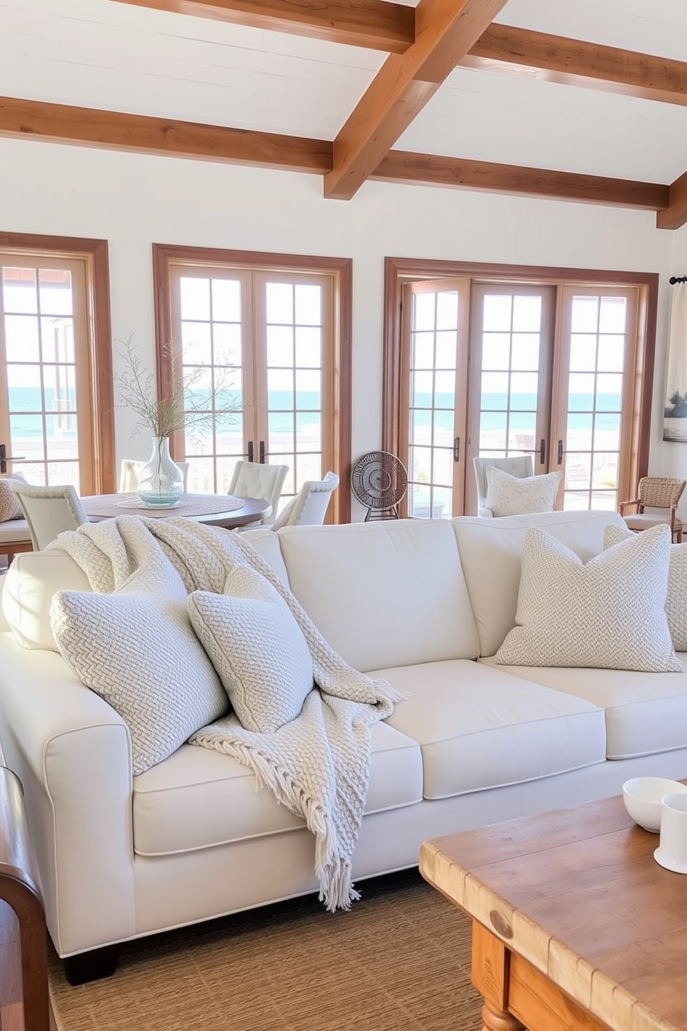 A cozy coastal living room features sandy beige throw blankets draped over a plush white sofa. Large windows let in natural light, showcasing a view of the ocean and complemented by soft blue accents throughout the space.