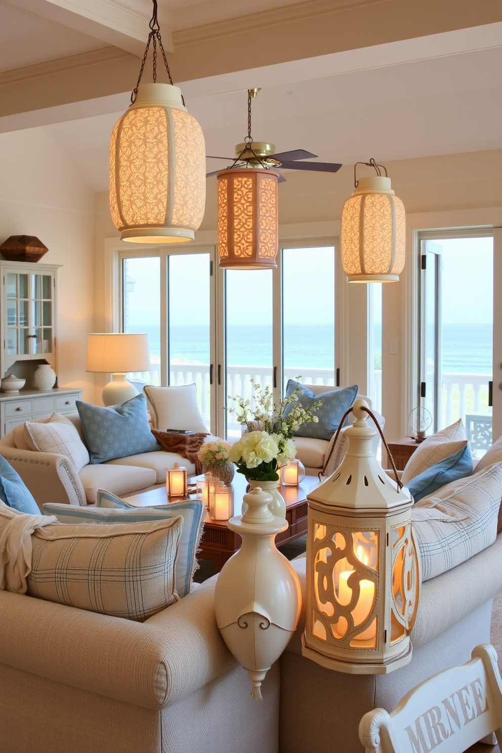 A coastal living room features ceramic lanterns that cast a warm, inviting glow throughout the space. The room is adorned with soft, breezy fabrics in shades of blue and white, complemented by natural wood accents and a view of the ocean beyond.