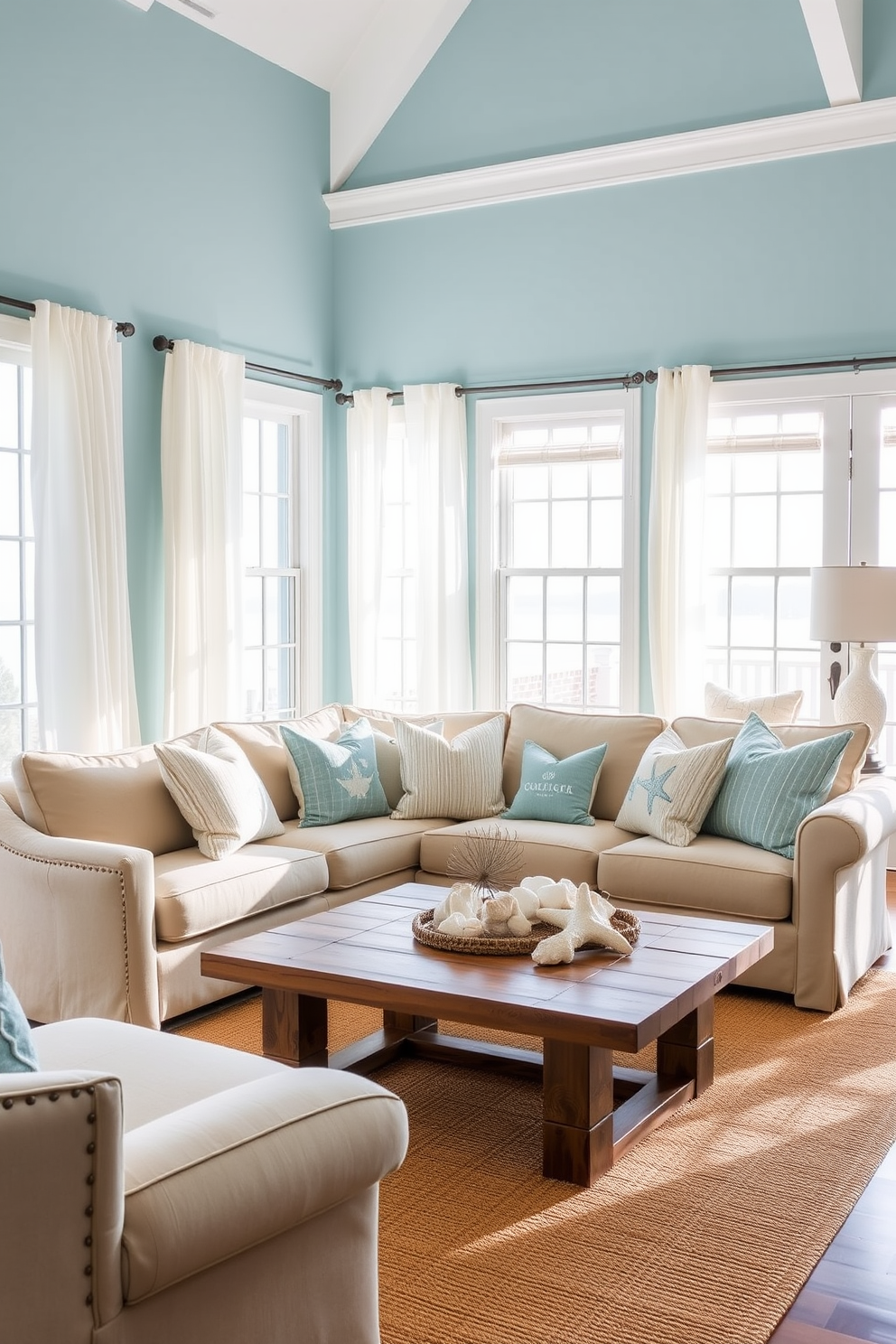 A coastal living room features soft blue walls that evoke the ocean's tranquility. Natural light floods the space through large windows adorned with sheer white curtains, creating an airy atmosphere. The room is furnished with a comfortable beige sofa accented by ocean-themed throw pillows. A reclaimed wood coffee table sits atop a jute rug, while decorative accents like seashells and driftwood are artfully arranged on the table.