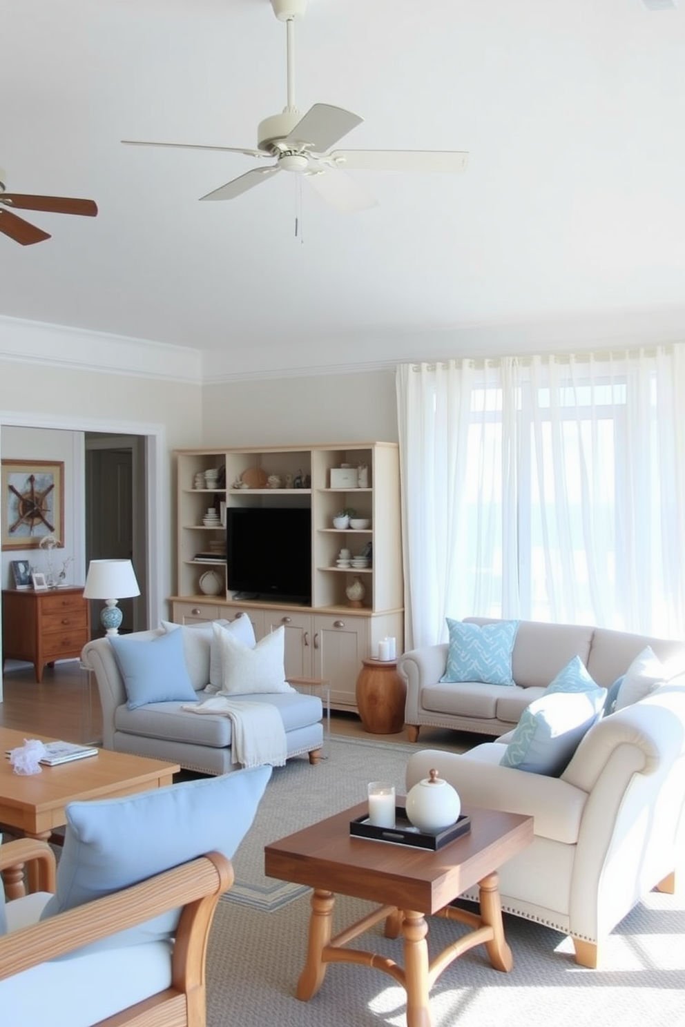 A coastal living room filled with natural light. Seagrass baskets are strategically placed around the room, adding texture and warmth to the space. The seating area features a light-colored sofa adorned with ocean-inspired throw pillows. Large windows showcase a view of the beach, while soft, sheer curtains flutter gently in the breeze.