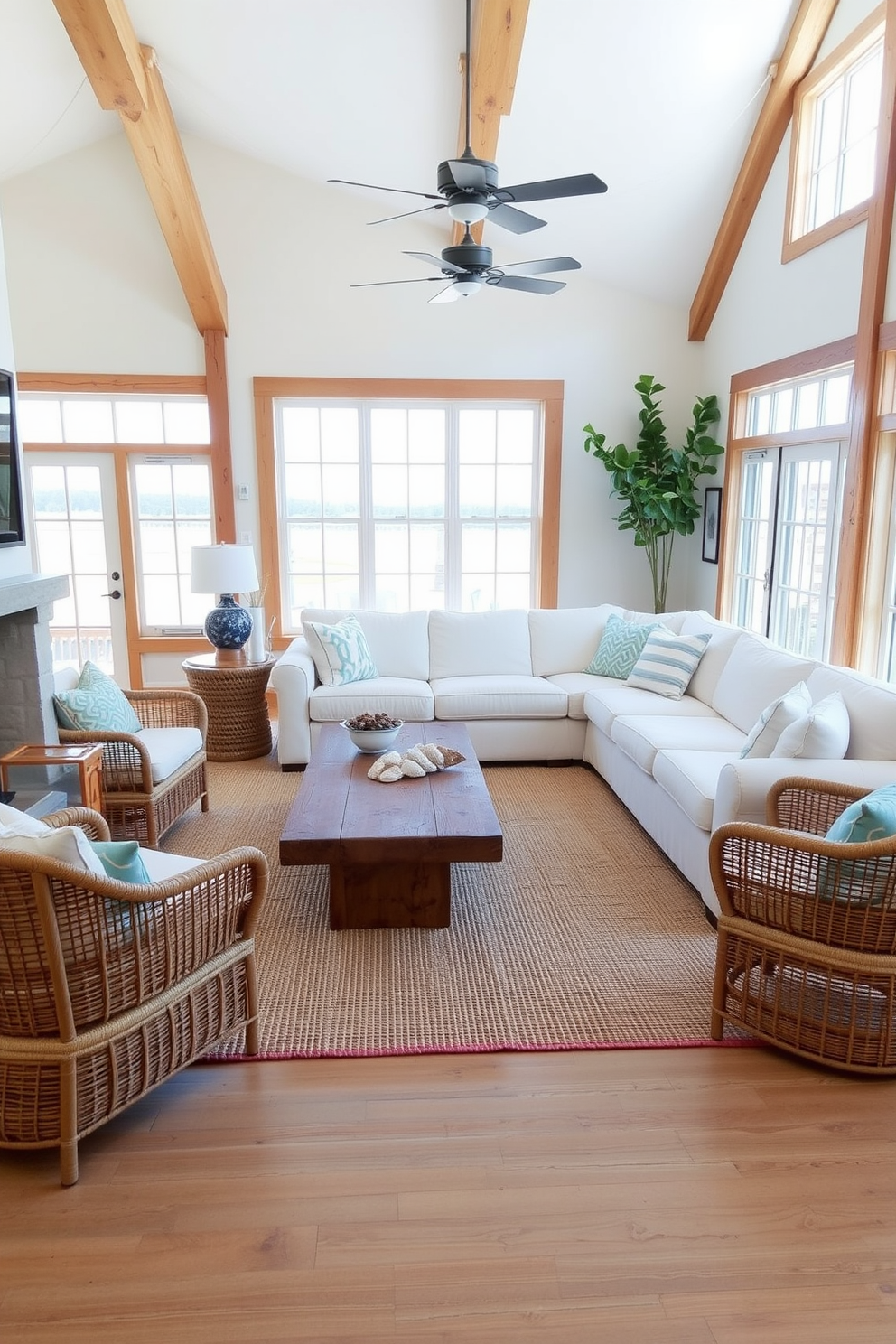 A coastal living room featuring natural wood accents with a light and airy atmosphere. The furniture includes a large sectional sofa in soft white fabric, complemented by a reclaimed wood coffee table and woven rattan chairs. Large windows allow sunlight to pour in, enhancing the bright color palette of blues and sandy neutrals. A jute area rug anchors the space, while decorative elements such as seashells and driftwood add a touch of coastal charm.