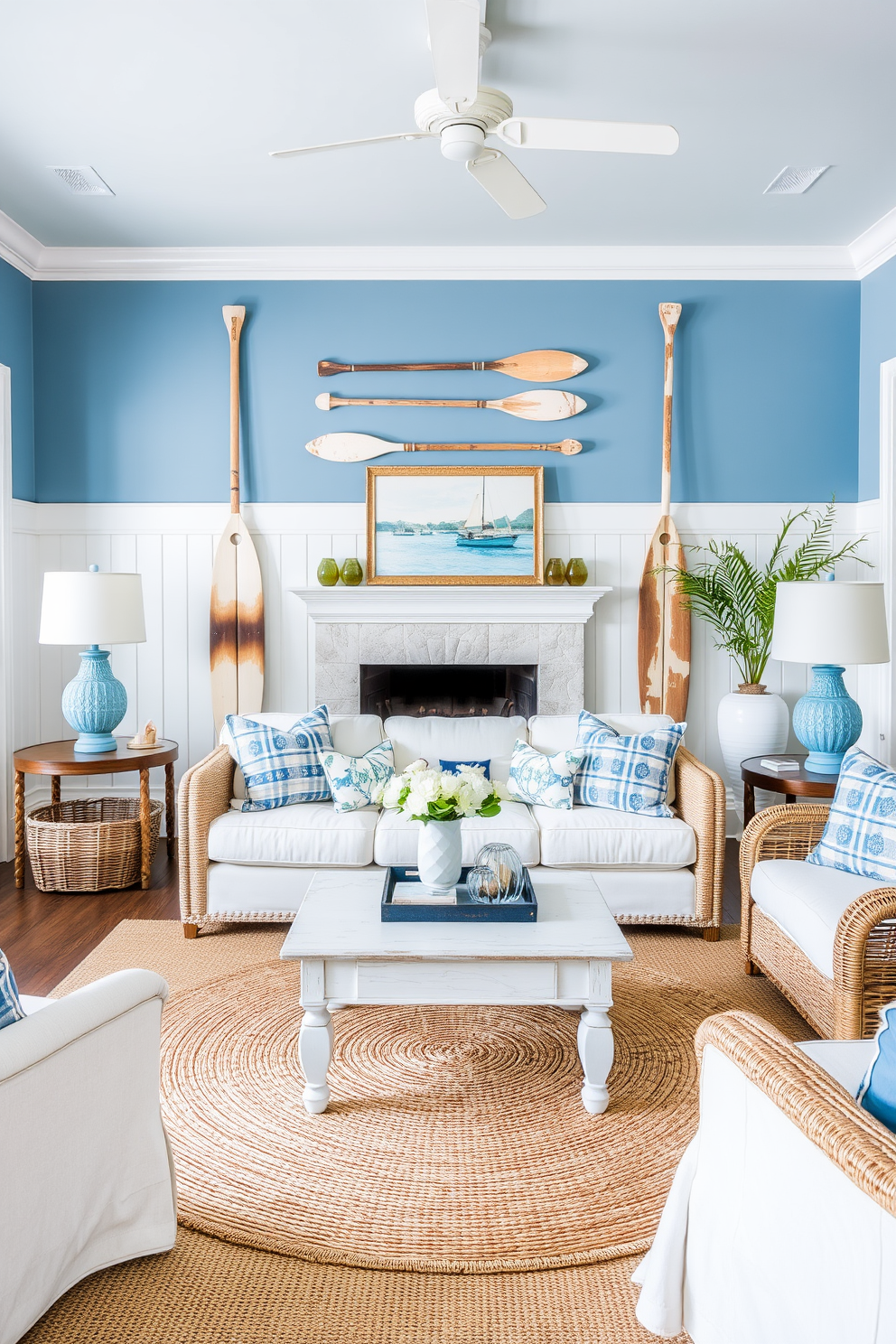 A coastal living room features vintage boat oars displayed as wall art, creating a nautical focal point. The space is adorned with soft blue and white tones, complemented by natural textures like jute rugs and wicker furniture.