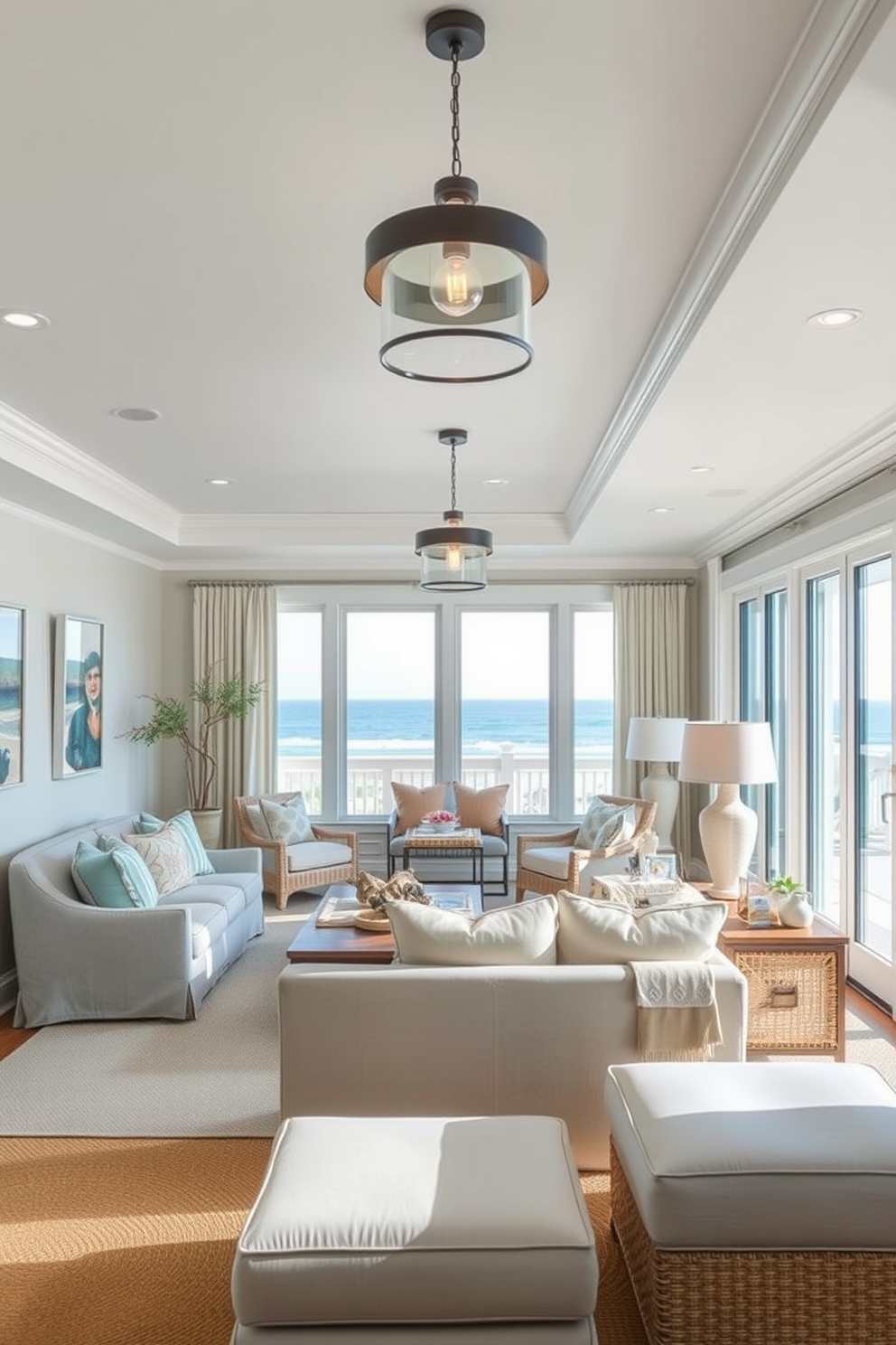 Layered lighting creates a warm and inviting ambiance in a coastal living room. Soft recessed lights illuminate the space while stylish pendant fixtures hang over the seating area, enhancing the relaxed atmosphere. The color palette features soft blues and sandy neutrals, complemented by natural textures like woven rugs and driftwood accents. Large windows allow natural light to flood the room, showcasing ocean views and bringing the outdoors inside.