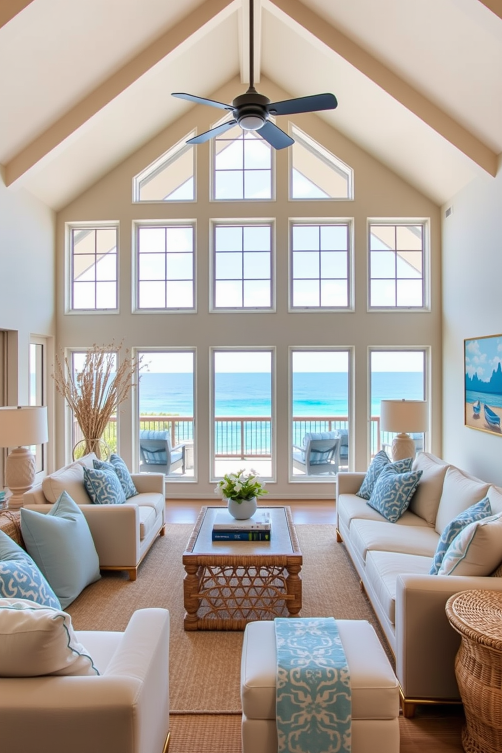 A coastal living room design featuring large windows that frame a stunning ocean view. The space is filled with light, showcasing soft blue and sandy beige tones in the furnishings and decor. Comfortable seating is arranged to encourage conversation while maximizing the view. Natural textures like rattan and linen are used throughout, complemented by vibrant coastal artwork on the walls.