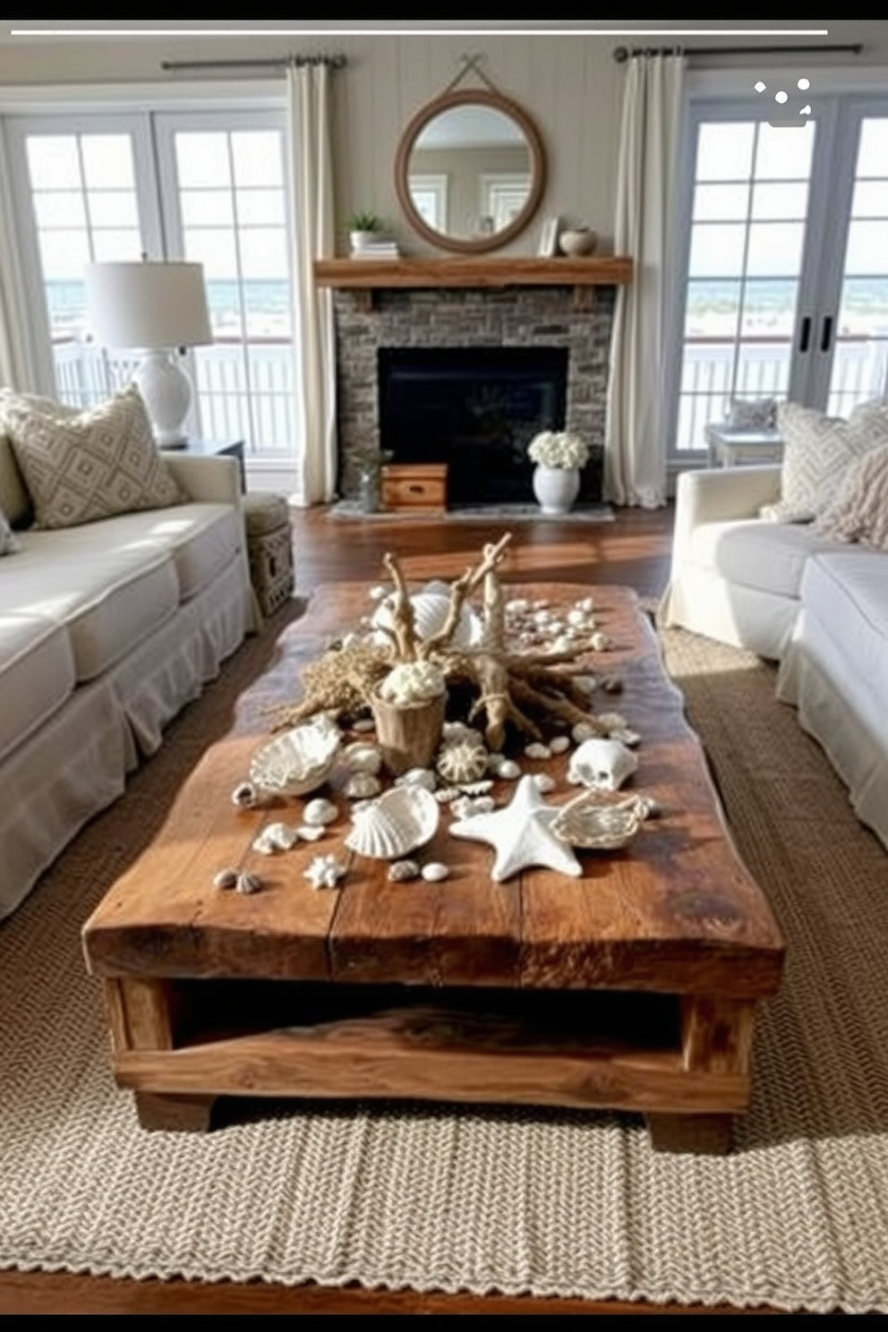 A coastal living room featuring table lamps with nautical motifs. The lamps are adorned with seashell and starfish designs, casting a warm glow over the space. The room is bright and airy, with large windows allowing natural light to flood in. Soft blue and sandy beige tones dominate the decor, complemented by comfortable furniture and ocean-inspired artwork.