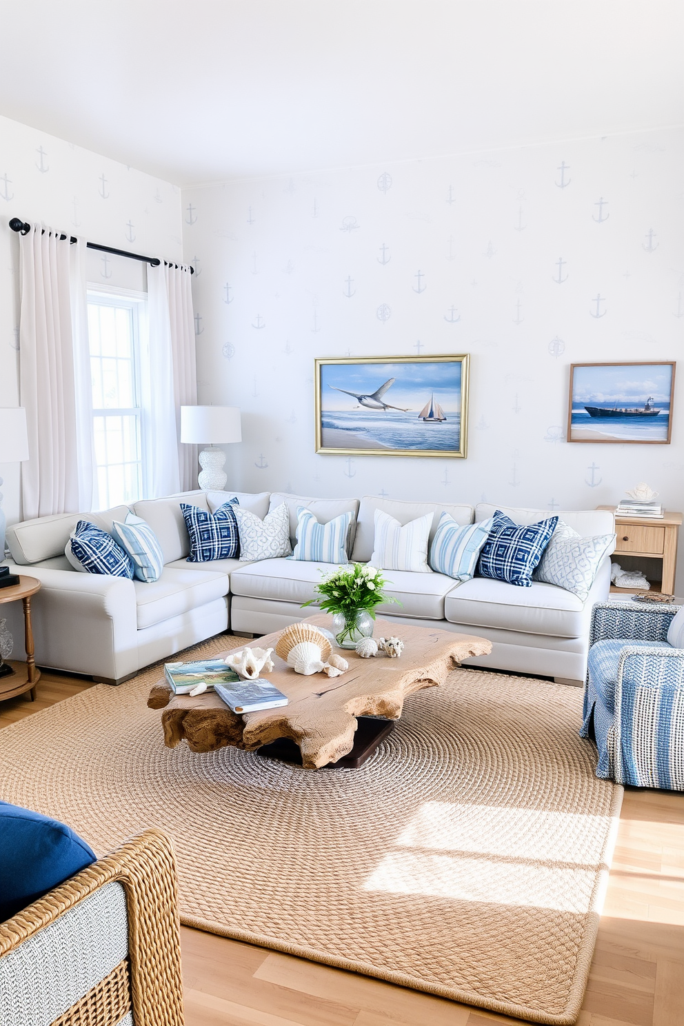 A coastal living room featuring subtle nautical motifs in the wallpaper. The color palette includes soft blues and sandy beige tones, creating a serene atmosphere. A plush sectional sofa is adorned with throw pillows in various shades of blue and white. A large woven area rug anchors the space, while a driftwood coffee table adds an organic touch. Natural light floods the room through sheer curtains, enhancing the airy feel. Decorative elements like seashells and marine art complete the coastal theme.