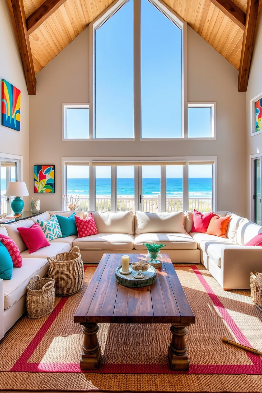 Brightly colored artwork adorns the walls of a spacious coastal living room. The room features a large, comfortable sectional sofa in soft beige, paired with vibrant throw pillows in shades of turquoise and coral. Natural light floods in through large windows, showcasing a stunning ocean view. A reclaimed wood coffee table sits at the center, surrounded by woven baskets and coastal-themed decor.