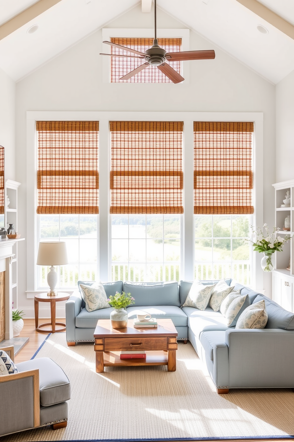 A coastal living room featuring light wood flooring that enhances the beachy atmosphere. The space includes a large, comfortable sectional sofa adorned with soft blue and white throw pillows, complemented by a woven coffee table at the center. Natural light floods the room through large windows dressed in sheer white curtains. A collection of seashells and coastal-themed decor adorns the shelves, creating a relaxed and inviting ambiance.