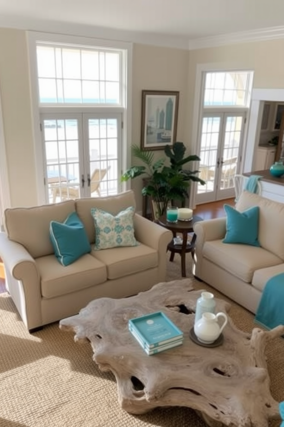 A bright and airy coastal living room features open shelving that showcases a curated collection of decorative items such as seashells, driftwood, and coastal-themed art. The shelves are painted in a crisp white, contrasting beautifully with the soft blue walls and natural light streaming in through large windows.