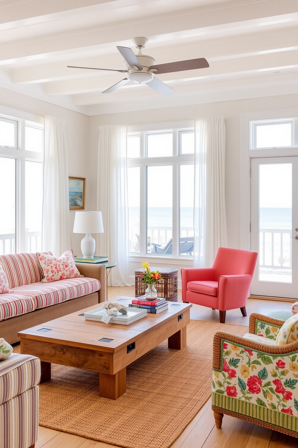 A coastal living room filled with natural light features a mix of vibrant patterns and textures. The sofa is adorned with striped and floral cushions, while a jute rug anchors the space, complementing the light wood flooring. Large windows dressed with sheer white curtains offer a view of the ocean, enhancing the beachy ambiance. Accent chairs in bright colors sit beside a coffee table made of reclaimed wood, adorned with seashells and a stack of coastal-themed books.