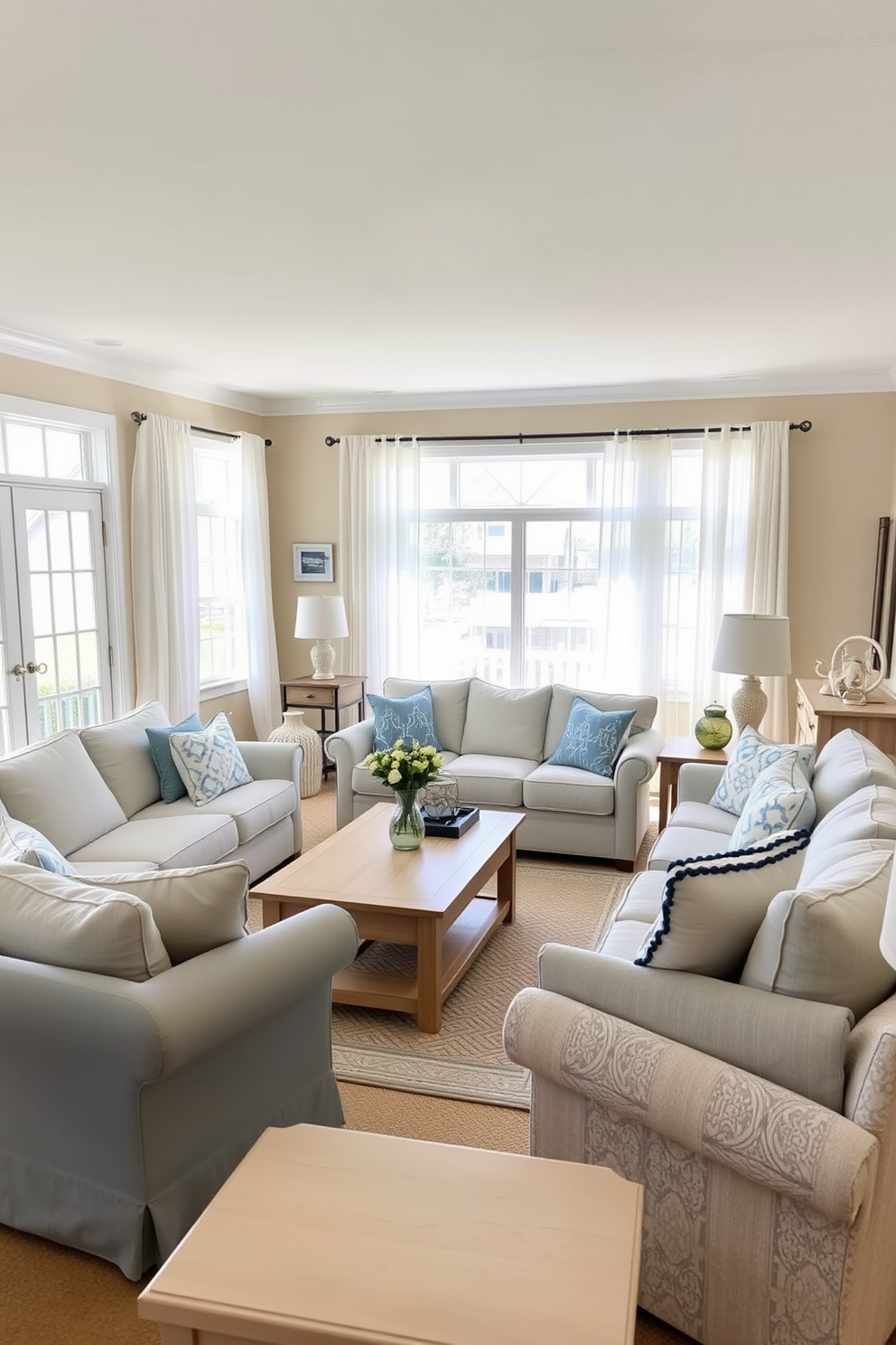 A cozy coastal living room features a hammock chair suspended from the ceiling, inviting relaxation with its soft cushions and light fabric. The walls are painted in a soft aqua hue, complemented by natural wood accents and nautical-themed decor scattered throughout the space.