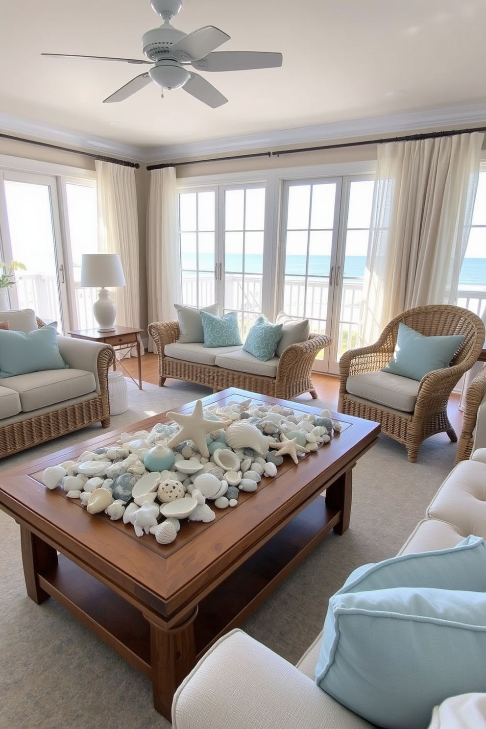 A coastal living room features a coffee table adorned with various seashells, creating a beachy ambiance. The space is bright and airy, with large windows allowing natural light to flood in and soft blue accents throughout the decor. Comfortable seating arrangements include a plush sofa and wicker chairs, inviting relaxation. Light, sheer curtains flutter gently in the breeze, enhancing the serene coastal vibe of the room.