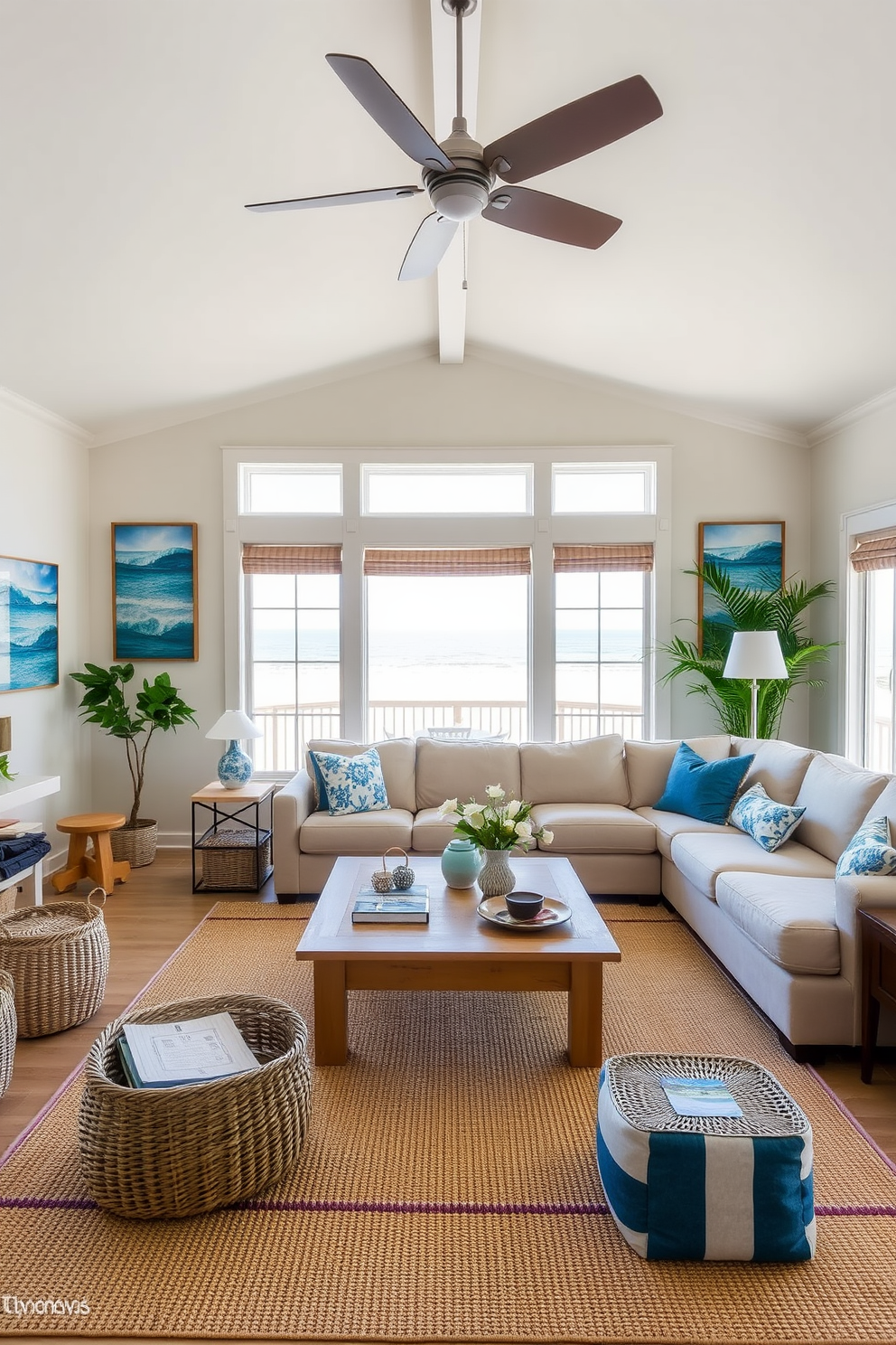 A coastal living room filled with natural light. Woven baskets are strategically placed around the room, providing stylish storage while enhancing the beachy aesthetic. The furniture features soft, light-colored fabrics, complemented by sea-inspired decor elements. Large windows offer views of the ocean, and the walls are painted in a soft blue hue to evoke a serene atmosphere.