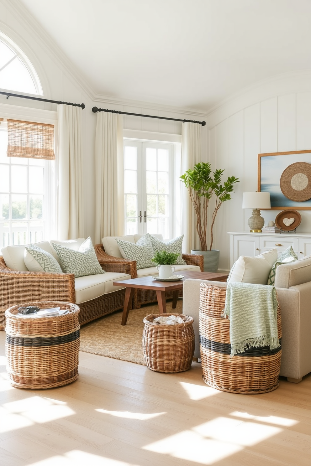 A coastal living room filled with natural light and a relaxed atmosphere. Woven baskets are strategically placed around the room for stylish storage solutions, enhancing the beachy vibe.