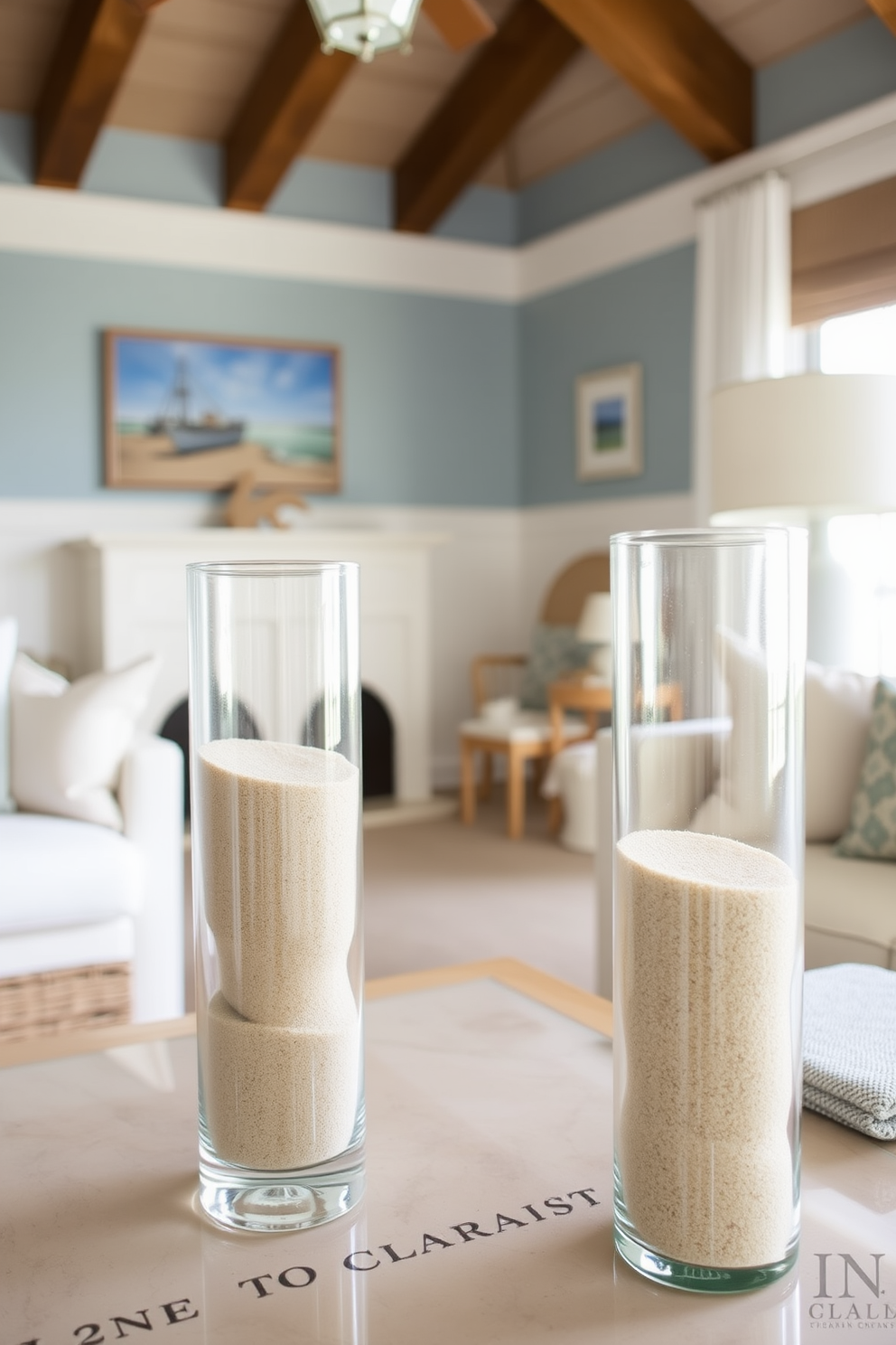 A coastal living room featuring glass vases filled with sand as decorative elements. The space is adorned with soft blue and white tones, complemented by natural wood accents and light, airy fabrics.