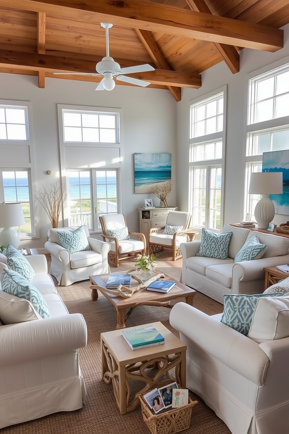 A cozy coastal living room featuring driftwood accents that add rustic charm. The space is filled with light, showcasing soft blue and sandy beige tones throughout the decor.