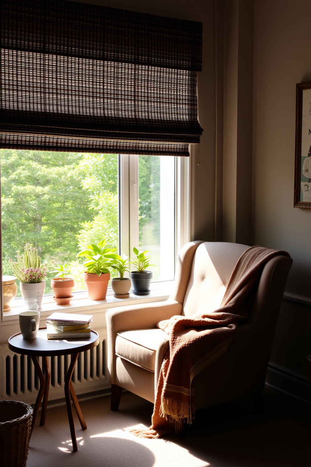 A cozy reading nook by the window features a plush armchair upholstered in soft fabric. A small side table holds a stack of books and a steaming cup of tea, while a warm throw blanket drapes over the chair. Natural light pours in through the large window, illuminating the space with a gentle glow. Potted plants on the windowsill add a touch of greenery, creating a serene atmosphere perfect for relaxation.