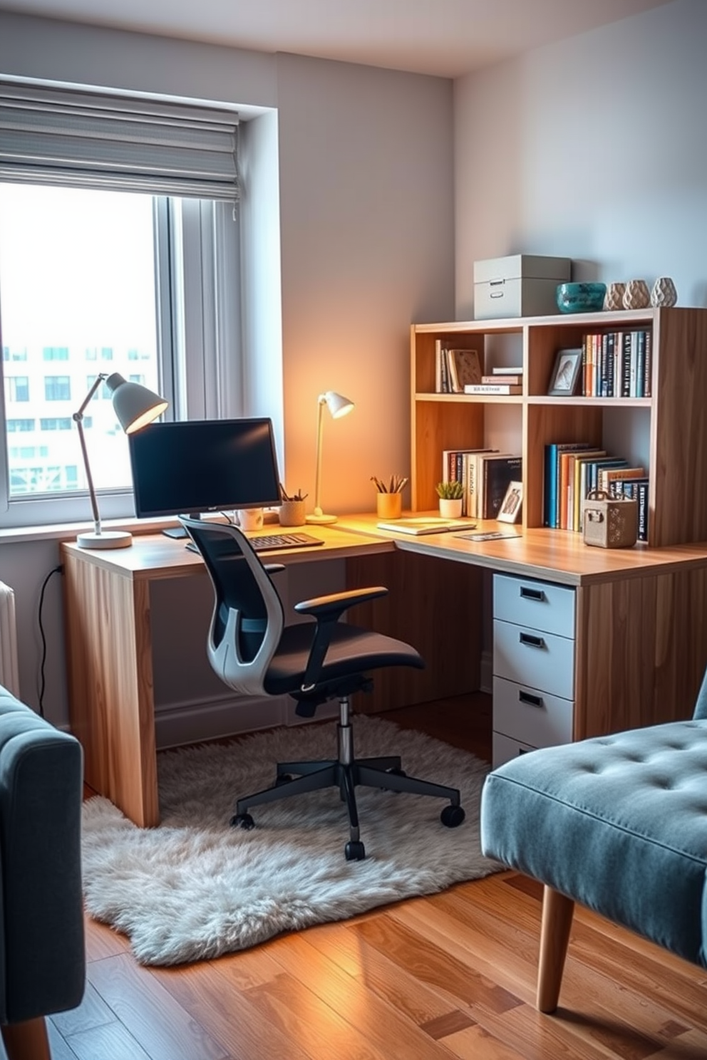 Create a cozy study corner featuring a sleek desk made of light wood with a comfortable ergonomic chair. The area is illuminated by a stylish desk lamp with a warm glow and a large window allowing natural light to fill the space. Incorporate a bookshelf filled with colorful books and decorative items to add personality. A soft area rug underneath the desk provides warmth and comfort, complementing the overall aesthetic of the college apartment.