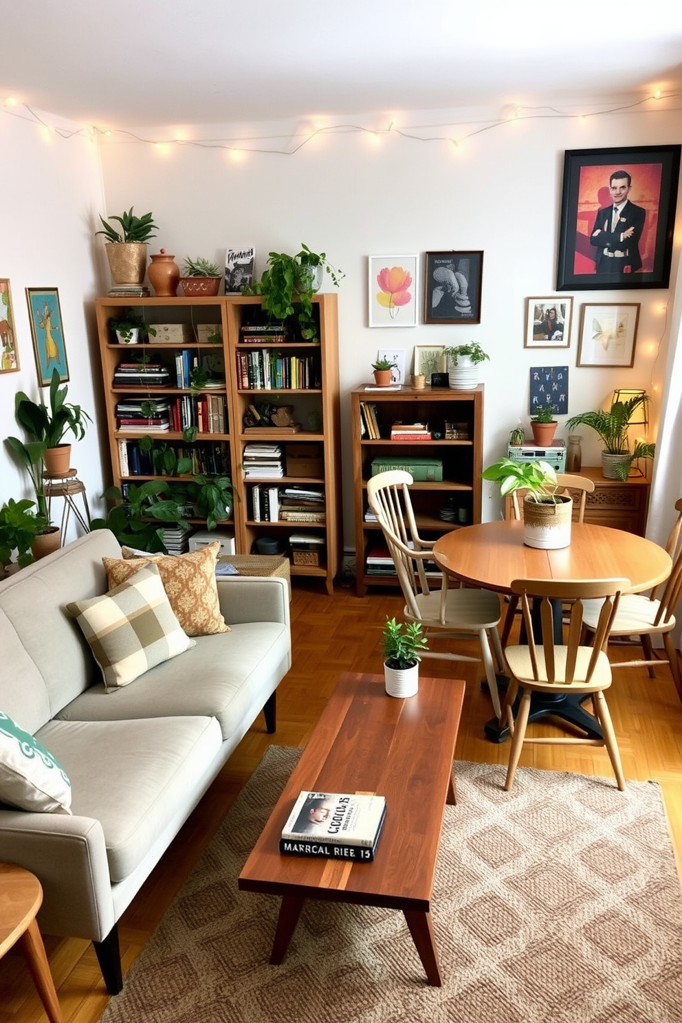 A cozy college apartment featuring a blend of vintage and modern furniture styles. The living area includes a mid-century modern sofa paired with an eclectic coffee table and a rustic bookshelf filled with books and plants. In the dining nook, a round farmhouse table is surrounded by mismatched chairs, creating a casual and inviting atmosphere. The walls are adorned with colorful artwork and fairy lights, adding personality and warmth to the space.