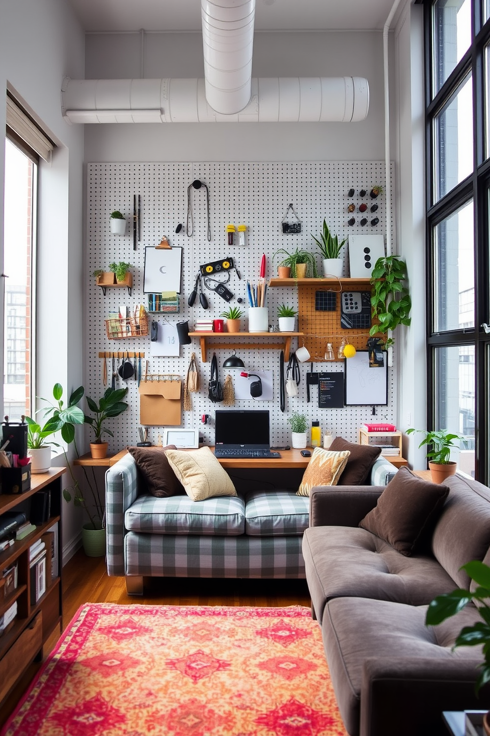 A modern college apartment featuring a pegboard wall for organized accessories. The pegboard is adorned with hooks and shelves to hold school supplies, plants, and personal items, creating a functional yet stylish workspace. The living area includes a cozy sofa paired with a colorful rug, adding warmth to the space. Large windows allow natural light to flood in, enhancing the inviting atmosphere of the apartment.