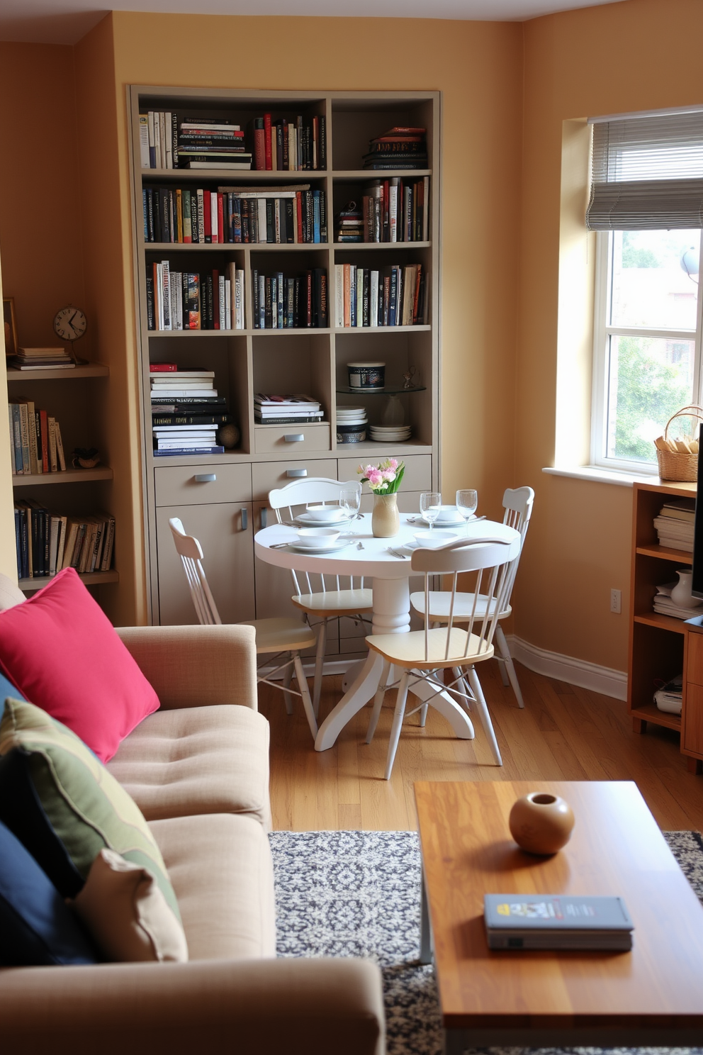 A cozy college apartment design featuring a small round dining table with four chairs positioned near a window. The table is set with simple dishware and a small vase of flowers, creating an inviting atmosphere for meals. The living area includes a comfortable sofa adorned with colorful throw pillows and a coffee table in front. A bookshelf filled with books and personal items adds character to the space, while the walls are painted in a warm neutral tone to enhance the cozy vibe.