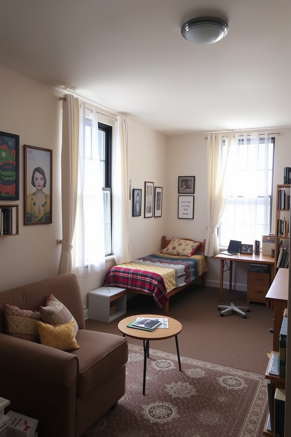 A cozy college apartment featuring a small living room with a comfortable sofa and a coffee table. The walls are adorned with colorful artwork and the windows are dressed with light, airy curtains that add softness and privacy. The bedroom includes a twin bed with a stylish bedspread and a desk for studying. Shelves filled with books and personal items provide a touch of personality and warmth to the space.