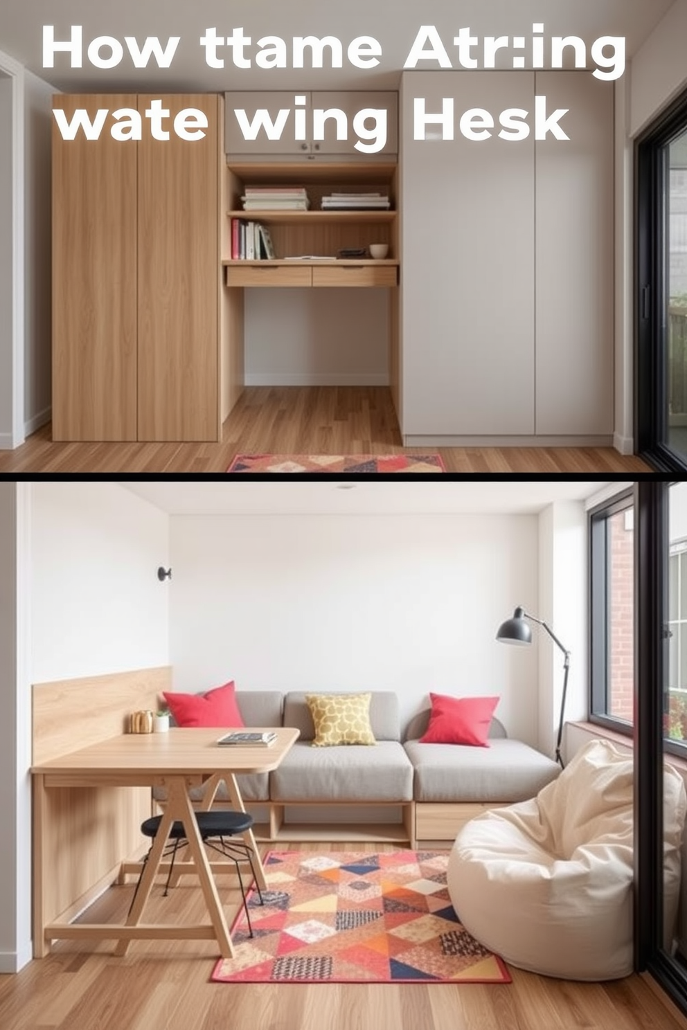 A modern college apartment featuring a foldable desk that maximizes space and flexibility. The desk is made of light wood and can be easily tucked away when not in use, creating an open and airy atmosphere. The living area is adorned with cozy seating, including a small sofa and a bean bag chair for relaxation. Bright accent pillows and a colorful rug add a pop of color to the neutral palette, making the space inviting and youthful.