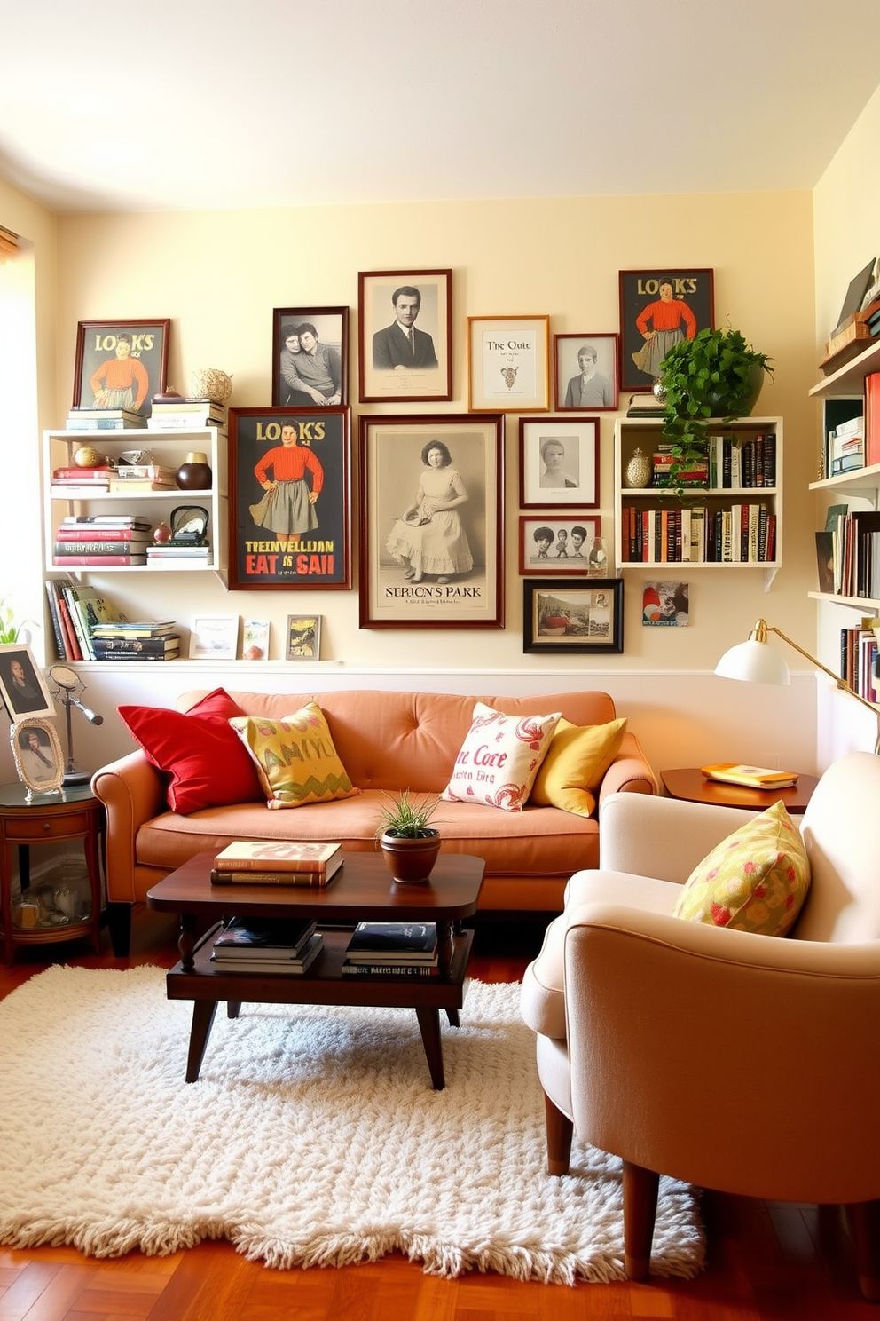 Create a cozy college apartment filled with vintage finds that add charm and character. Incorporate a retro-style sofa adorned with colorful throw pillows, an antique coffee table, and shelves lined with books and quirky decor items. Utilize a warm color palette with soft lighting to create an inviting atmosphere. Include a gallery wall featuring framed vintage posters and photographs, complemented by a plush area rug to tie the space together.