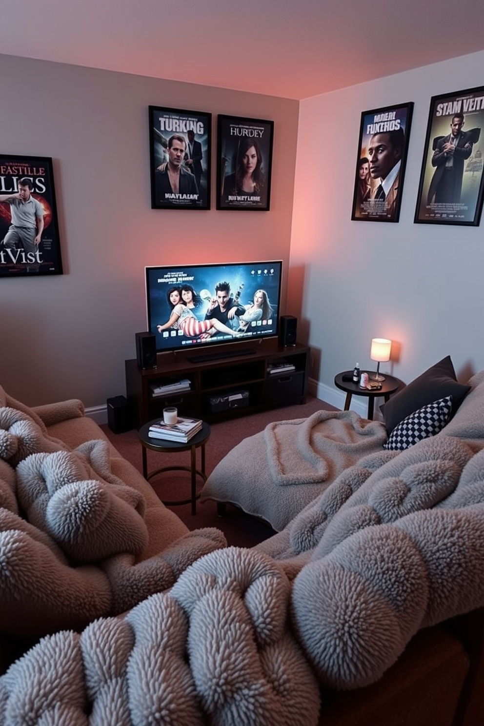 A cozy movie corner with plush blankets and oversized cushions invites relaxation. Soft, ambient lighting creates a warm atmosphere, while a stylish media console holds a large screen and an assortment of movies. The walls are adorned with framed posters of classic films, adding a personal touch. A small side table holds snacks and drinks, completing the perfect setup for movie nights.