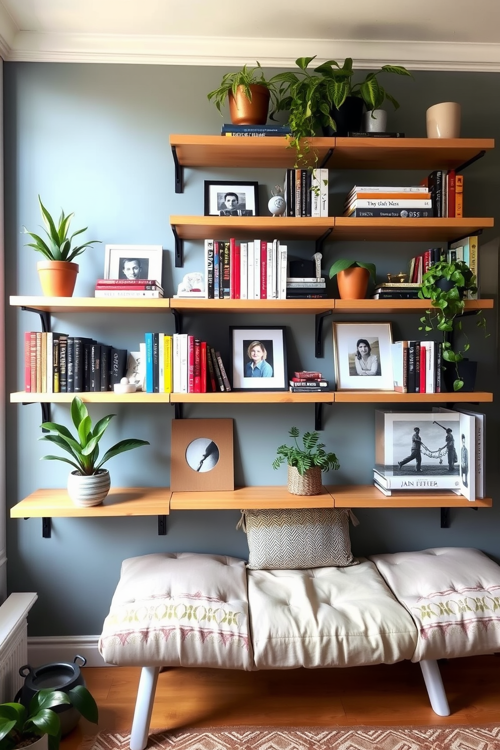 A cozy college apartment featuring floating shelves that provide decorative storage. The shelves are adorned with books, plants, and personal mementos, creating a personalized and inviting atmosphere.