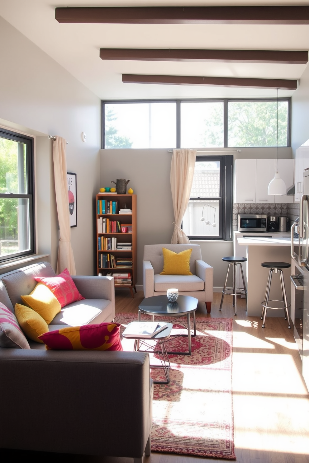 A cozy college apartment featuring a compact living area with a soft gray sofa and a stylish coffee table. In the corner, a comfy armchair with vibrant cushions invites relaxation, while a small bookshelf filled with colorful books adds a personal touch. The kitchen area is designed with modern appliances and a sleek bar counter with stools for casual dining. Sunlight streams through large windows adorned with light curtains, creating a bright and inviting atmosphere.