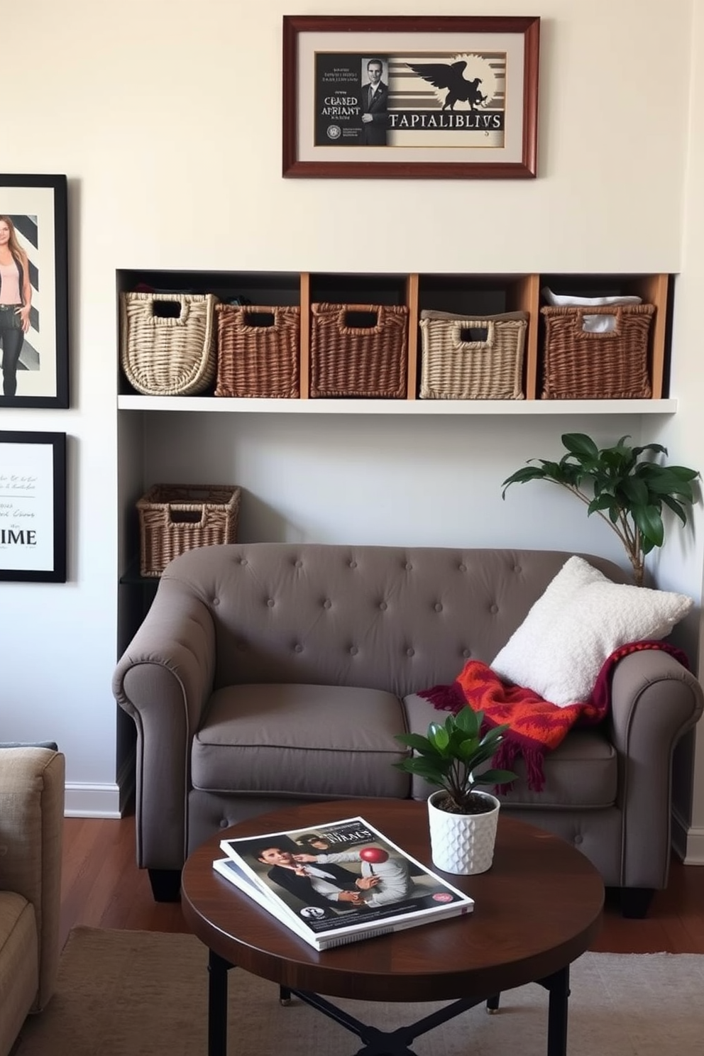 A cozy college apartment setting. There are decorative baskets neatly arranged on a shelf, providing hidden storage for books and personal items. The living area features a small, stylish sofa paired with a colorful throw blanket. A round coffee table sits in front, adorned with magazines and a potted plant for a touch of greenery.