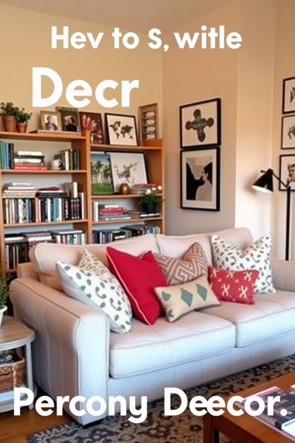 A compact kitchen cart is placed against the wall, featuring a wooden top and metal frame. It includes open shelves for storing cookbooks and utensils, with a few potted herbs adding a touch of greenery. The overall design of the college apartment is modern and functional, with a cozy living area that incorporates a small sofa and a foldable dining table. Bright accent colors are used in the decor to create an inviting and youthful atmosphere.