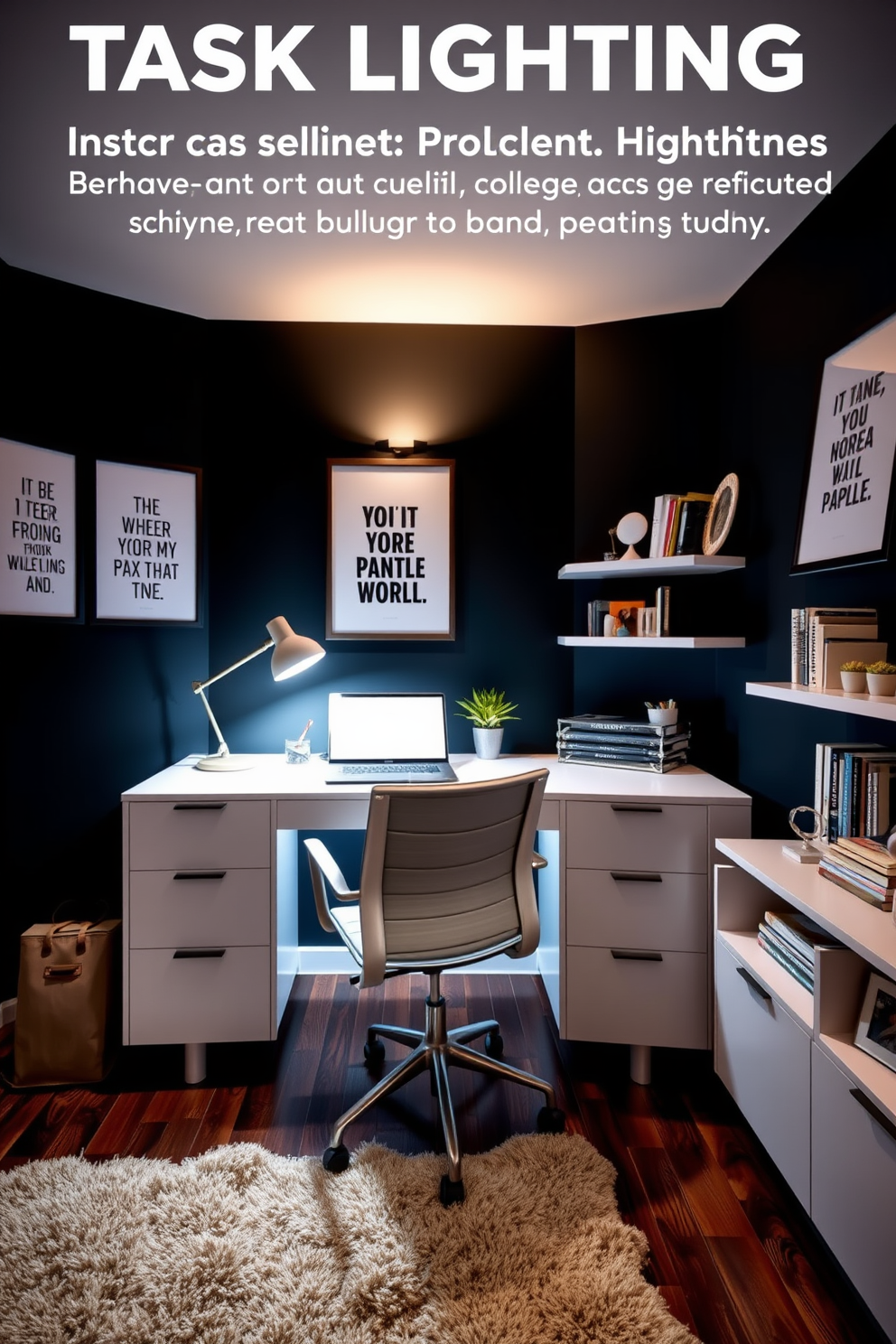 A modern college apartment study area featuring task lighting that enhances focus and productivity. The space includes a sleek desk with a minimalist design paired with an ergonomic chair, illuminated by a stylish desk lamp. The walls are adorned with motivational art prints, creating an inspiring atmosphere. A cozy rug underfoot adds warmth, while shelves filled with books and personal items provide a touch of personality.