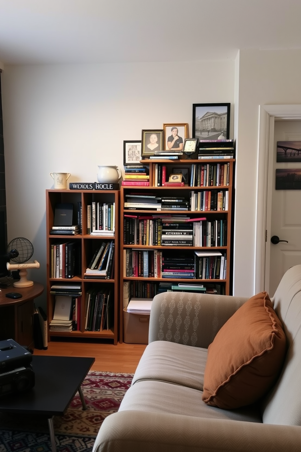 A cozy college apartment featuring a small bookshelf filled with a collection of books and personal mementos. The living area is adorned with a comfortable sofa and a coffee table, creating an inviting space for relaxation and study.