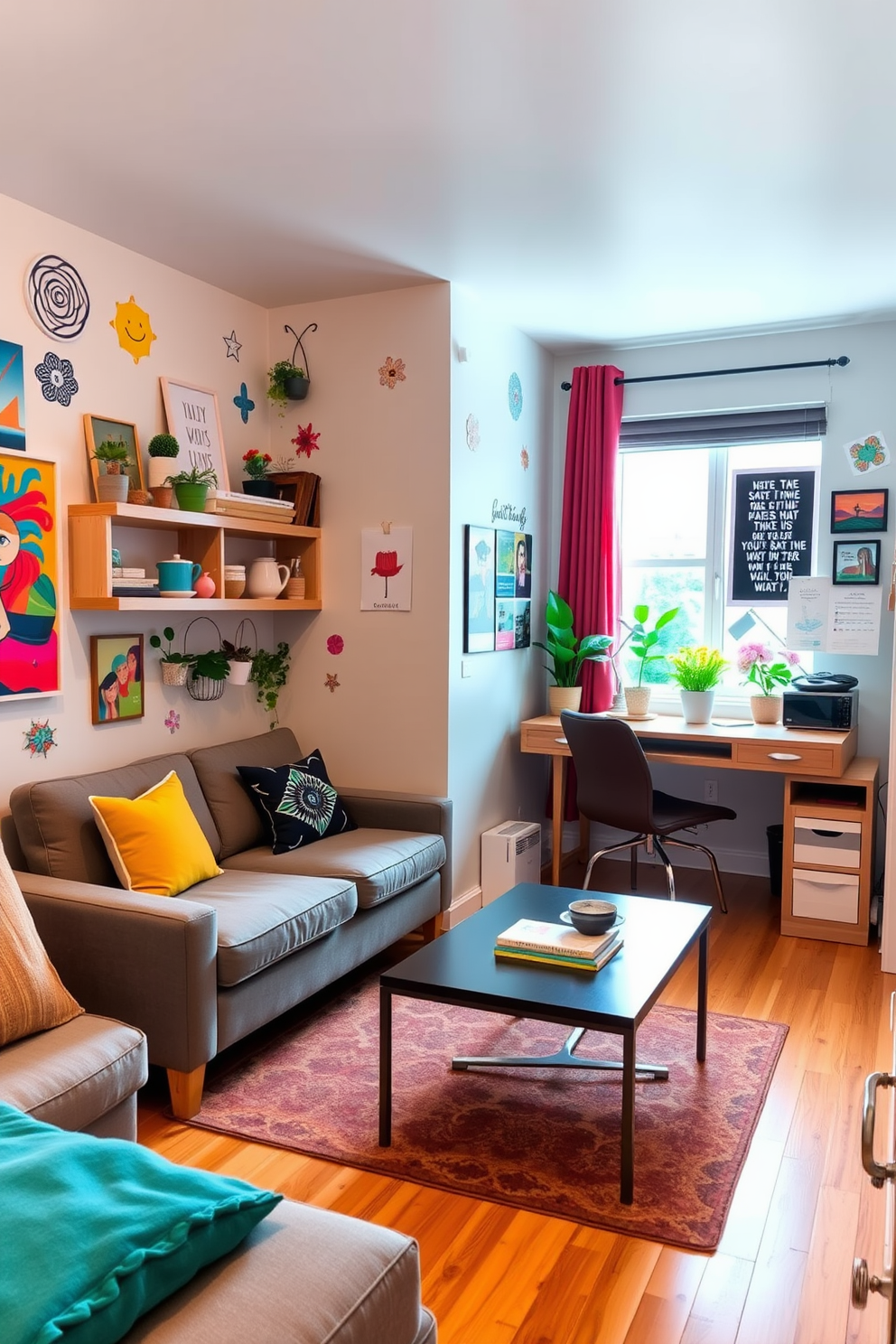 A cozy college apartment design featuring colorful wall decals that add personality to the space. The living area includes a small sofa and a coffee table, with vibrant artwork adorning the walls. The kitchen area is compact yet functional, with open shelving displaying dishware and plants. A study nook is created with a desk against a window, surrounded by inspiring decor and a comfortable chair.