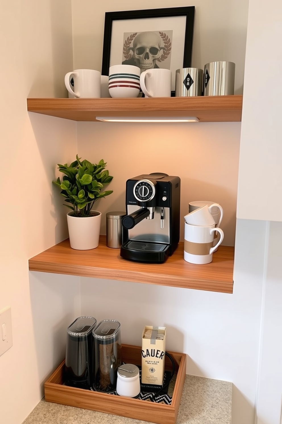 Create a cozy mini coffee station in the kitchen featuring a compact espresso machine on a sleek wooden shelf. Surround the machine with an assortment of stylish mugs and a small potted plant for a touch of greenery. Incorporate a decorative tray to hold coffee supplies such as sugar and creamer. Use warm lighting to enhance the inviting atmosphere, making it a perfect spot for morning routines or casual gatherings.