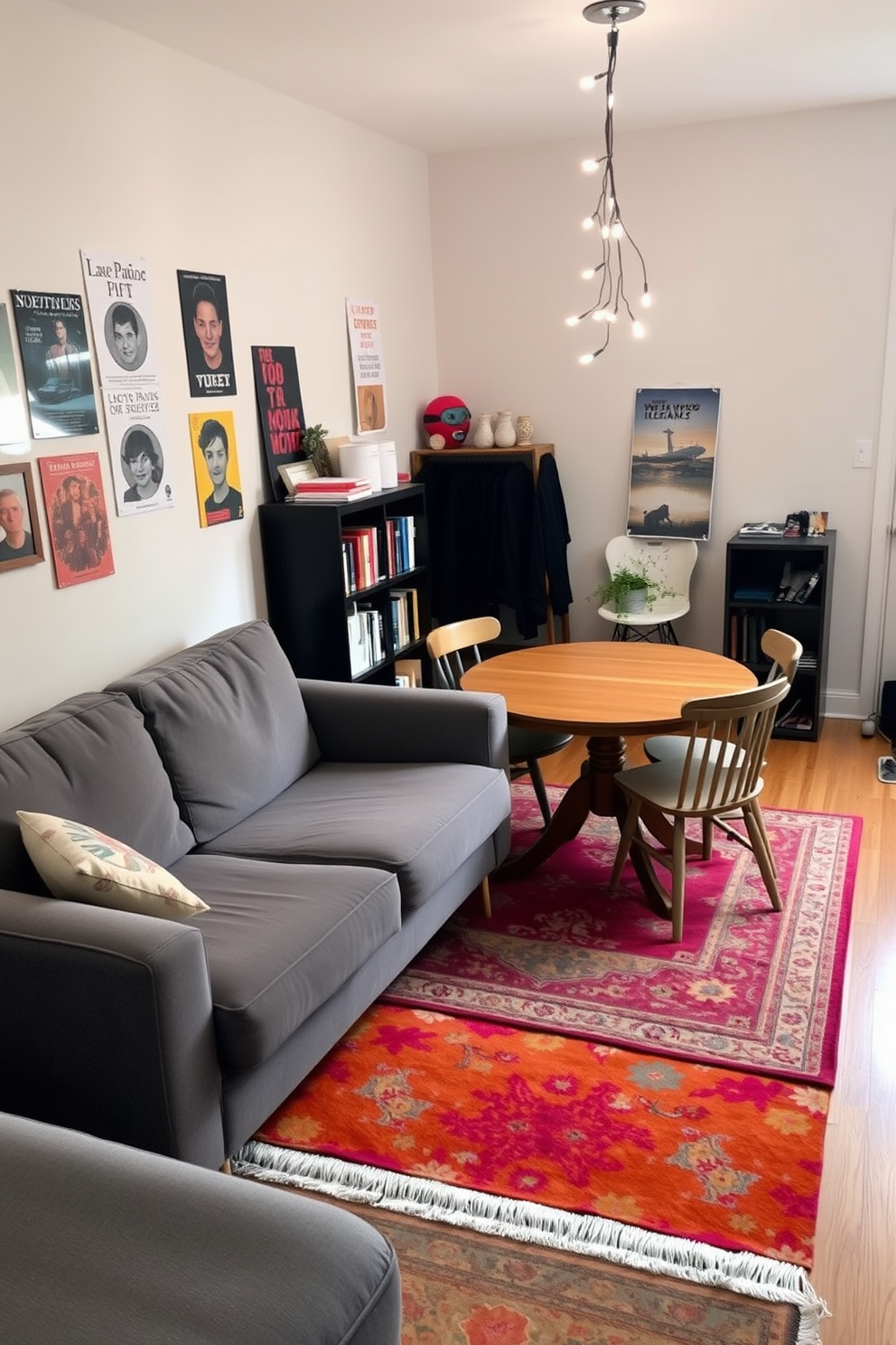 A gallery wall showcasing a collection of personal photos arranged in various sizes and frames. The wall is painted in a soft white hue, allowing the vibrant images to stand out and create a focal point in the room. The college apartment features a cozy living area with a small sectional sofa and a colorful area rug. A compact dining table is placed adjacent to the kitchen, complemented by stylish bar stools for a modern touch.