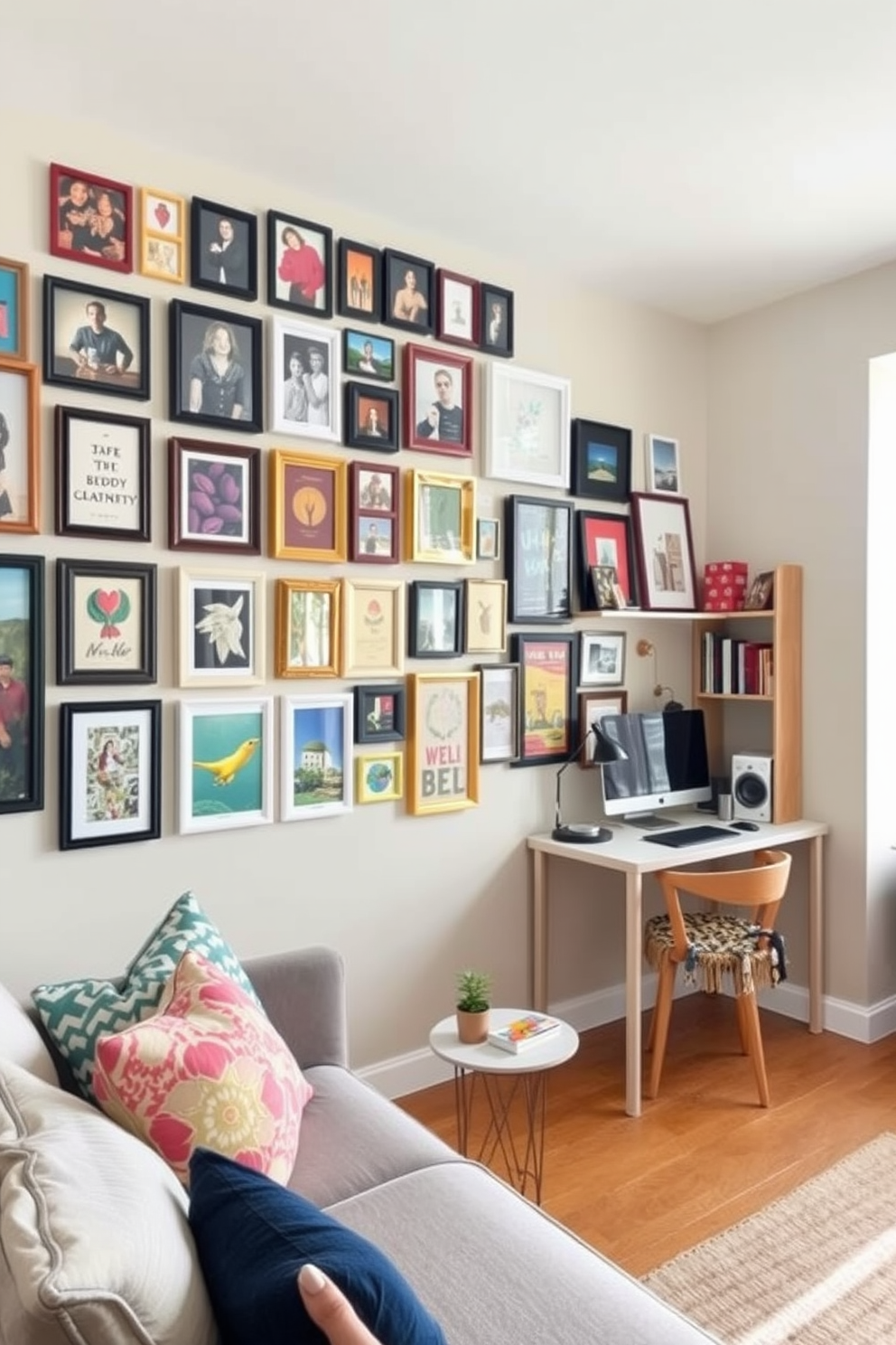 A gallery wall filled with a mix of personal photos and unique art pieces creates a vibrant focal point in the living area. The arrangement features various frame styles and colors, adding depth and personality to the space. In a college apartment, the design emphasizes functionality and comfort while incorporating stylish elements. A cozy seating area with a small coffee table and colorful throw pillows complements the study nook equipped with a desk and shelving for books and decor.