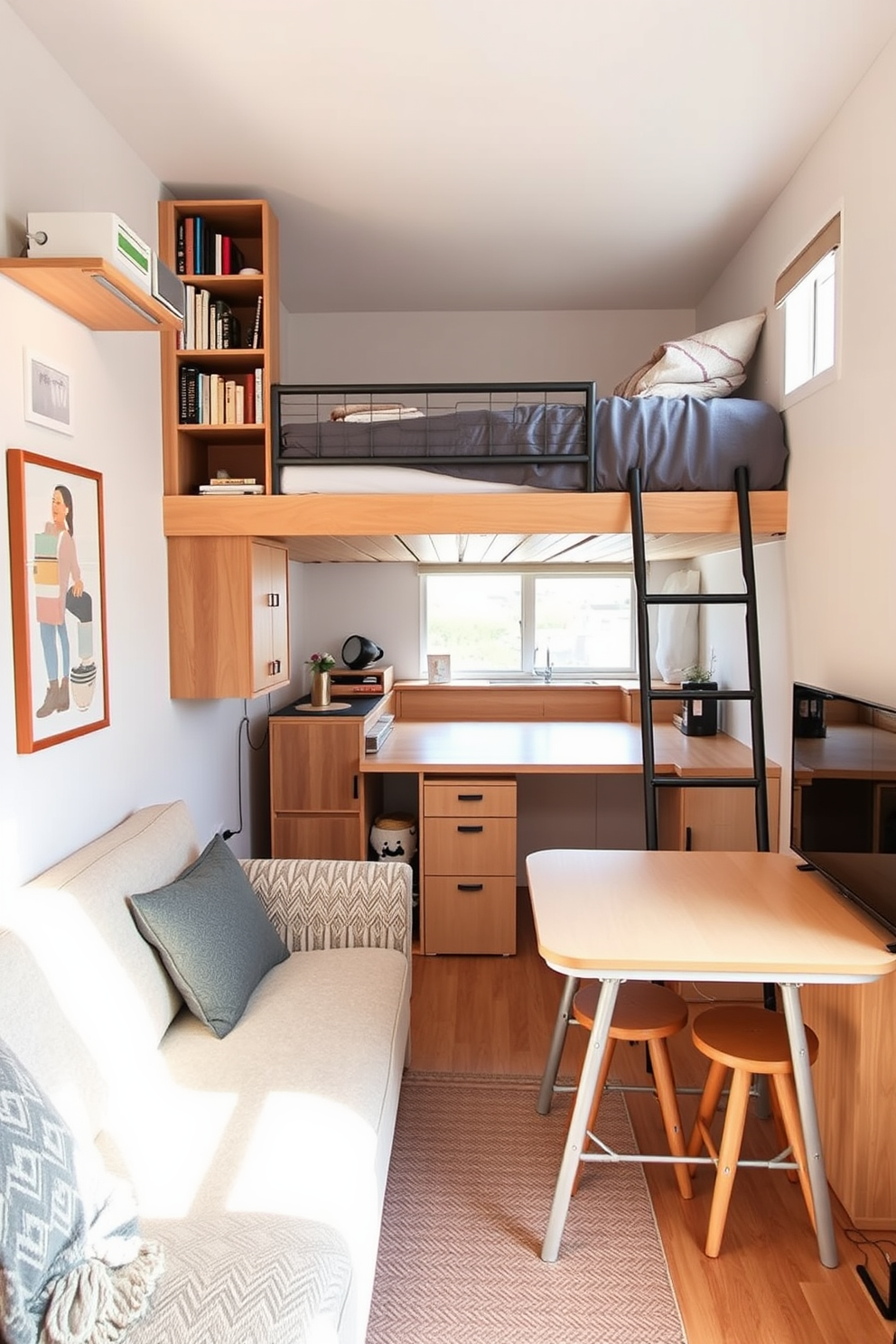 A cozy college apartment featuring multi-functional furniture that maximizes space. The living area includes a sofa bed that transforms into a dining table, with shelves above for books and decor. The bedroom has a lofted bed with a desk underneath, creating an efficient workspace. A compact kitchenette with a foldable table and stools completes the design, ensuring functionality without sacrificing style.