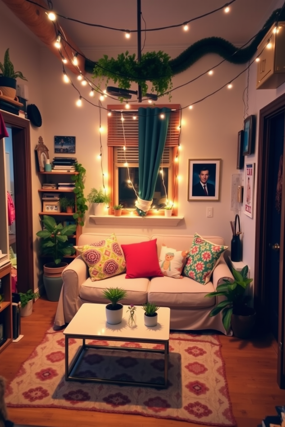 A cozy college apartment filled with character. String lights drape across the ceiling, casting a warm glow over the living area. The space features a compact sofa adorned with colorful throw pillows. A small coffee table sits in front, surrounded by a few potted plants for a touch of greenery.